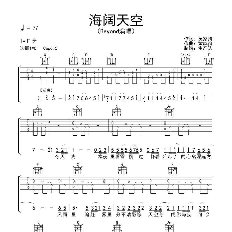 海阔天空吉他谱