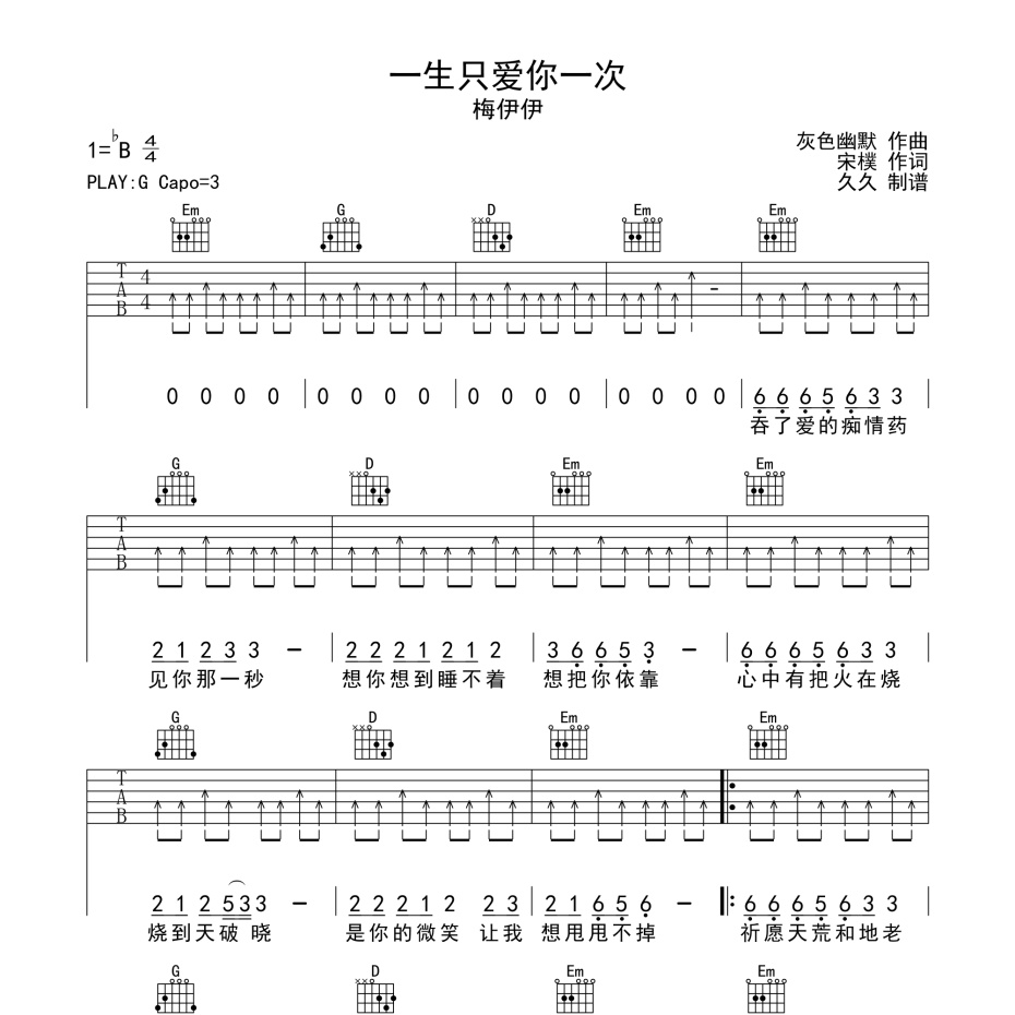 一生只爱你一次吉他谱