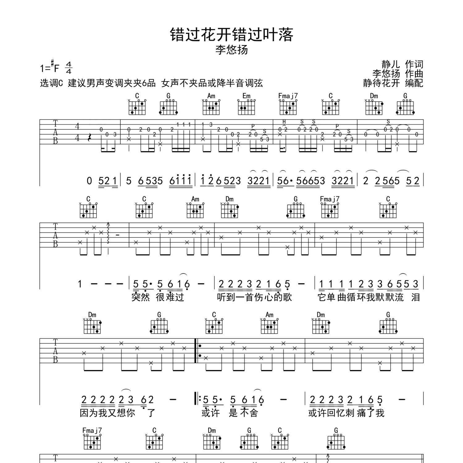 错过花开错过叶落吉他谱