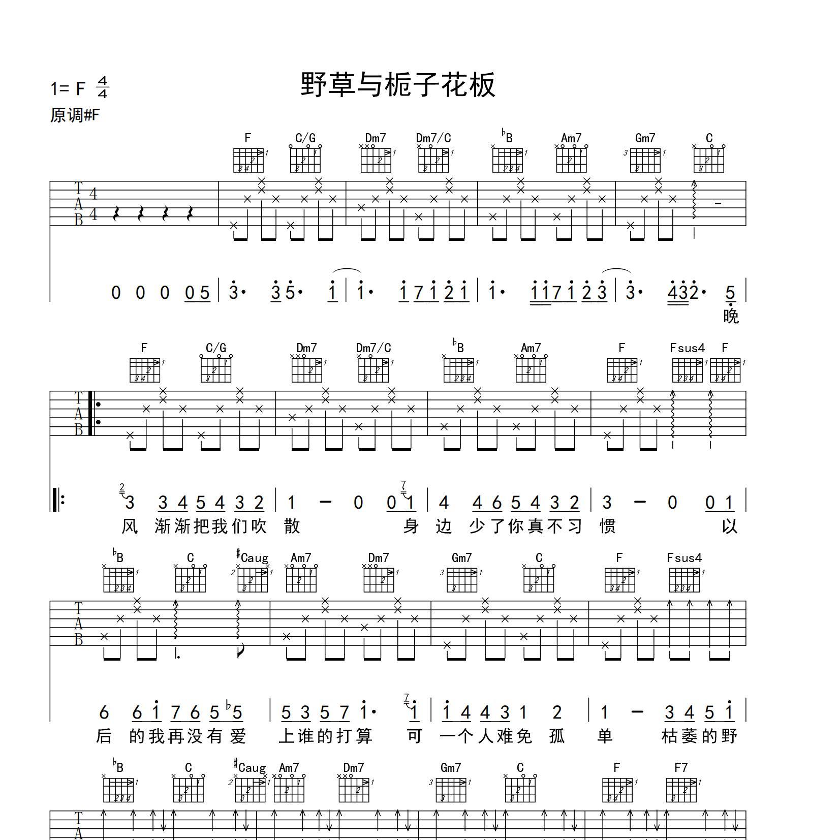 《野草与栀子花-C调》吉他谱林三七原唱 歌谱-吉他世界制谱-钢琴谱吉他谱|www.jianpu.net-简谱之家