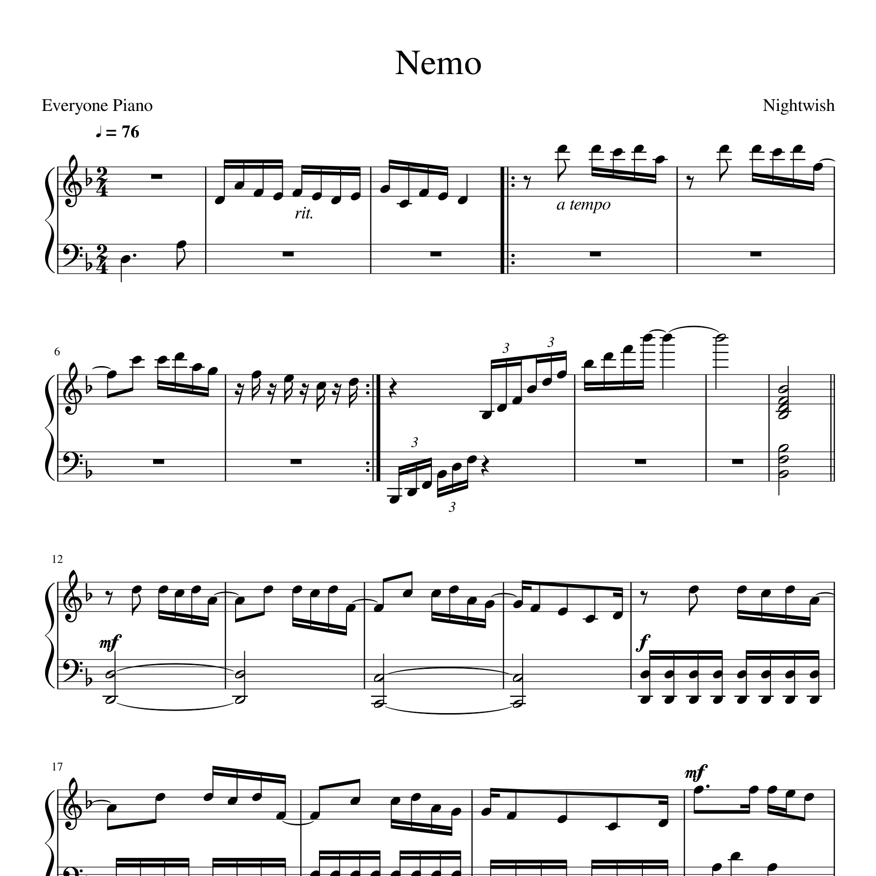 Nemo钢琴谱