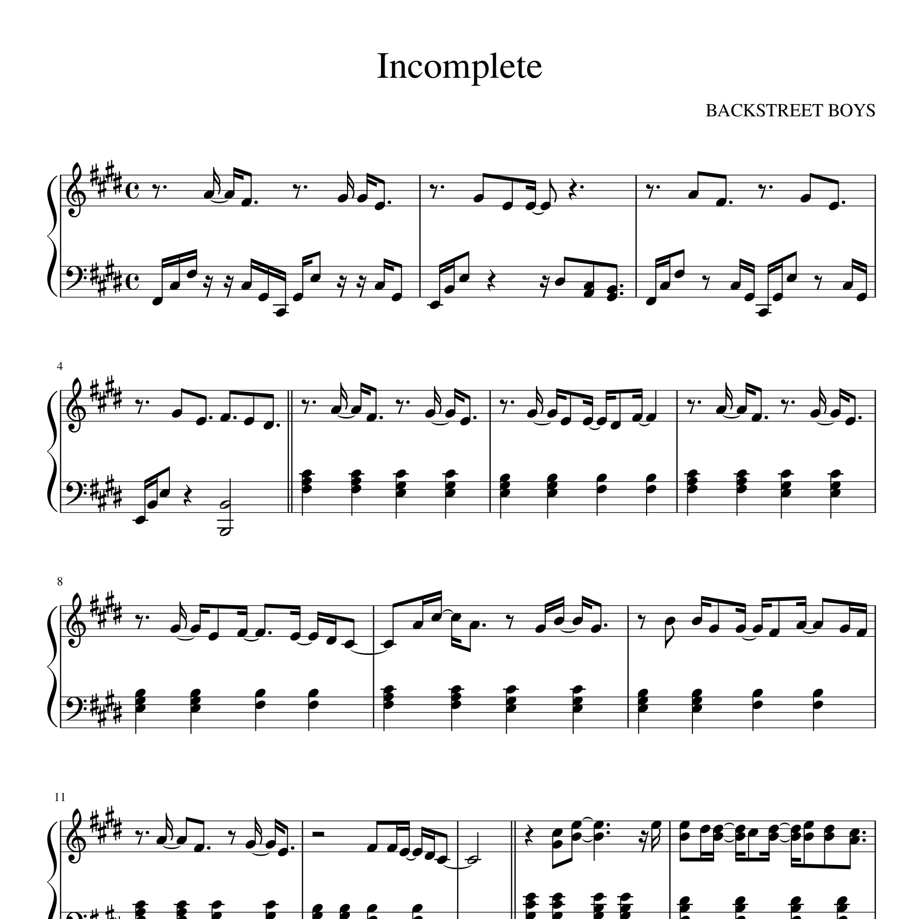 Incomplete钢琴谱