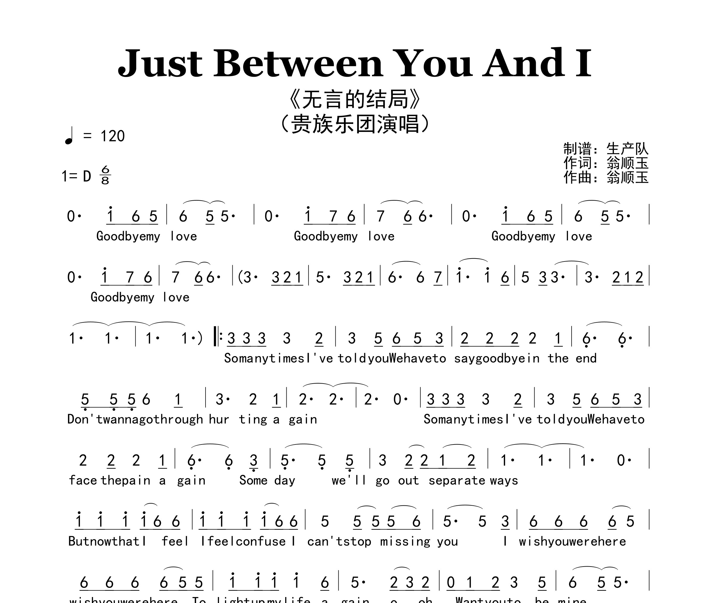 Just Between You And I（无言的结局）简谱