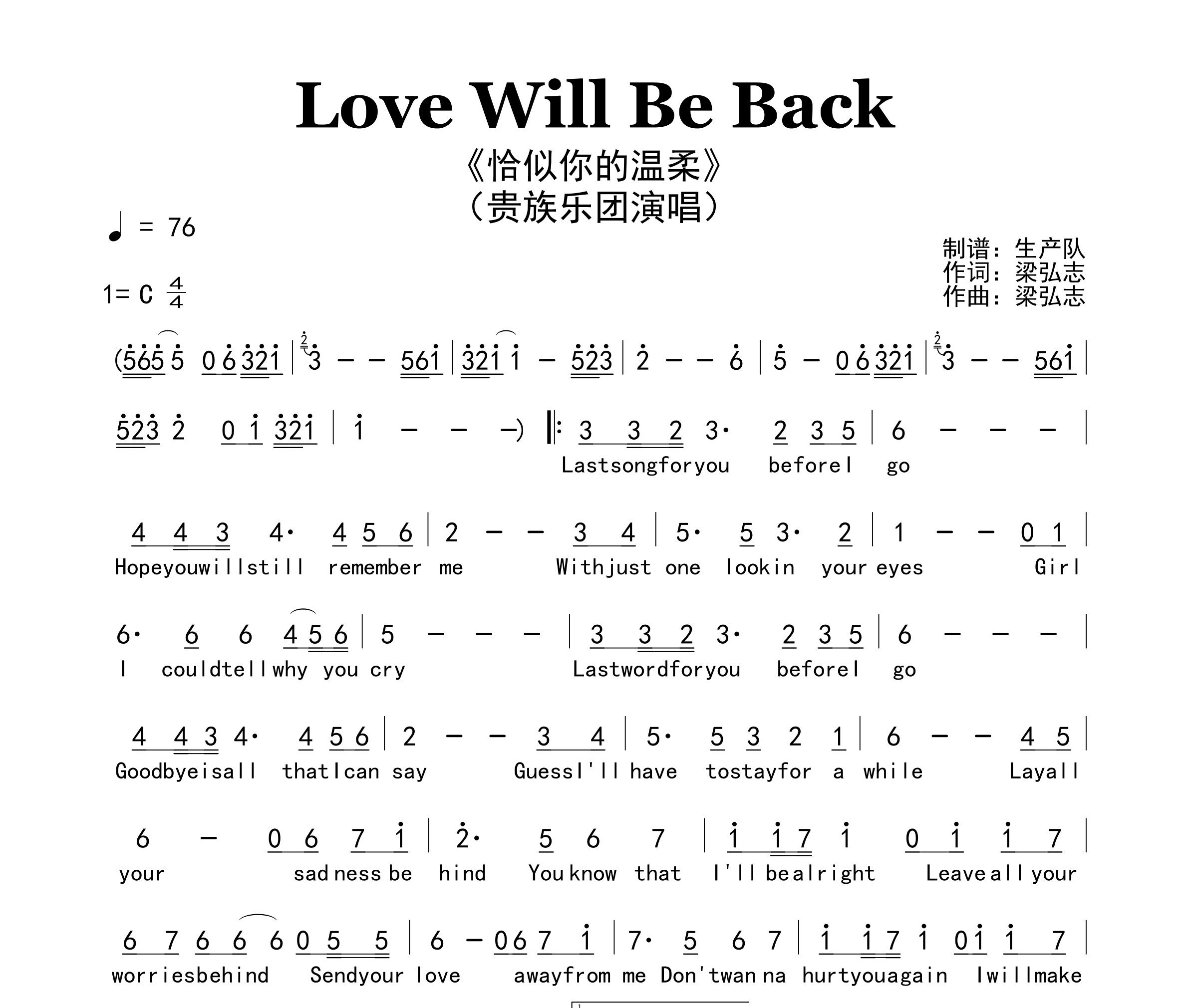 Love Will Be Back（恰似你的温柔）简谱