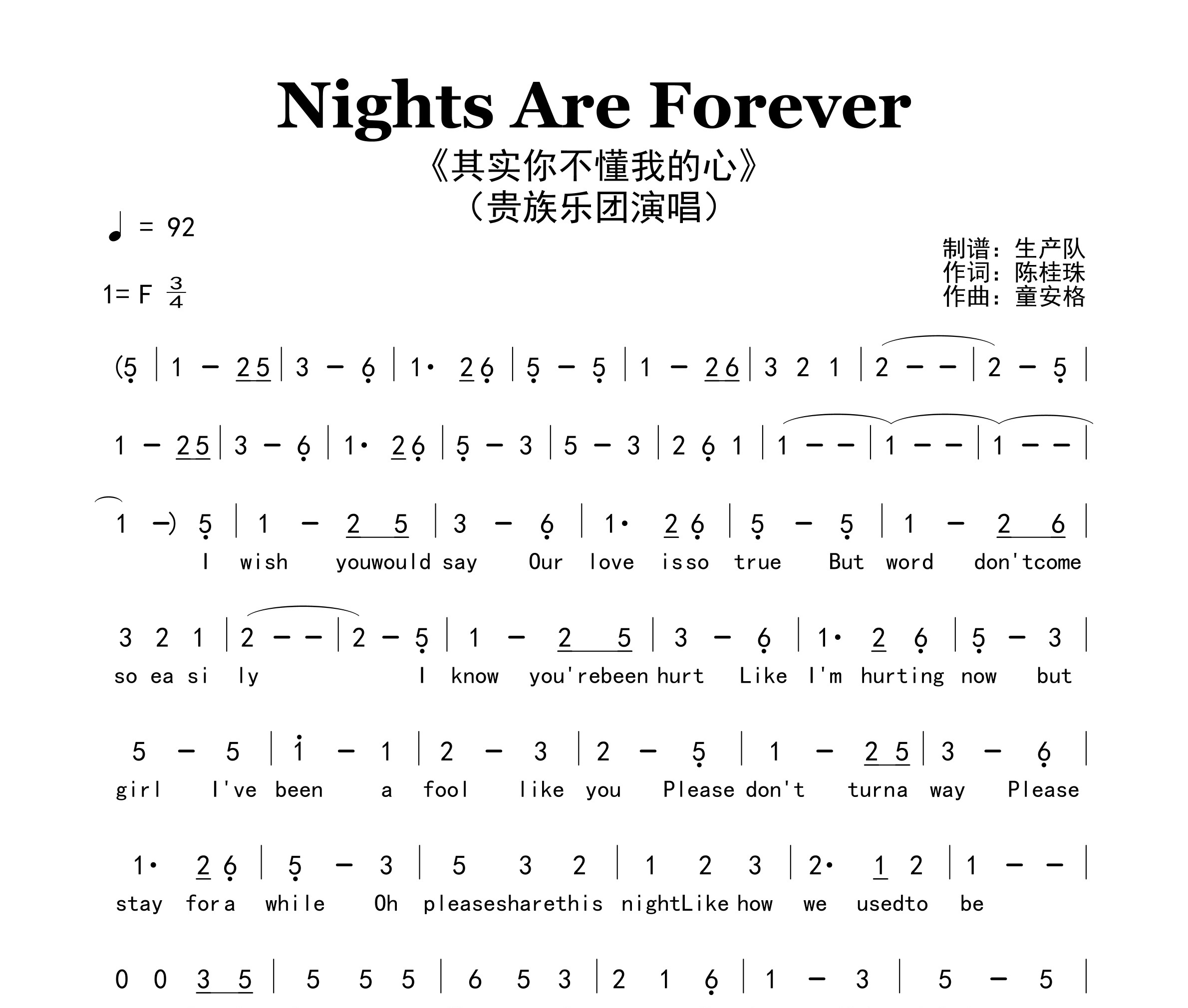 Nights Are Forever（其实你不懂我的心）简谱