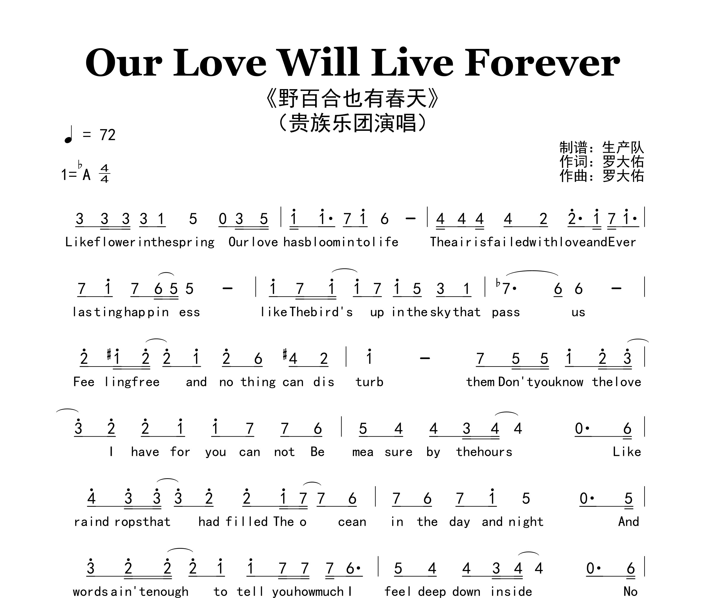 Our Love Will Live Forever（野百合也有春天）简谱