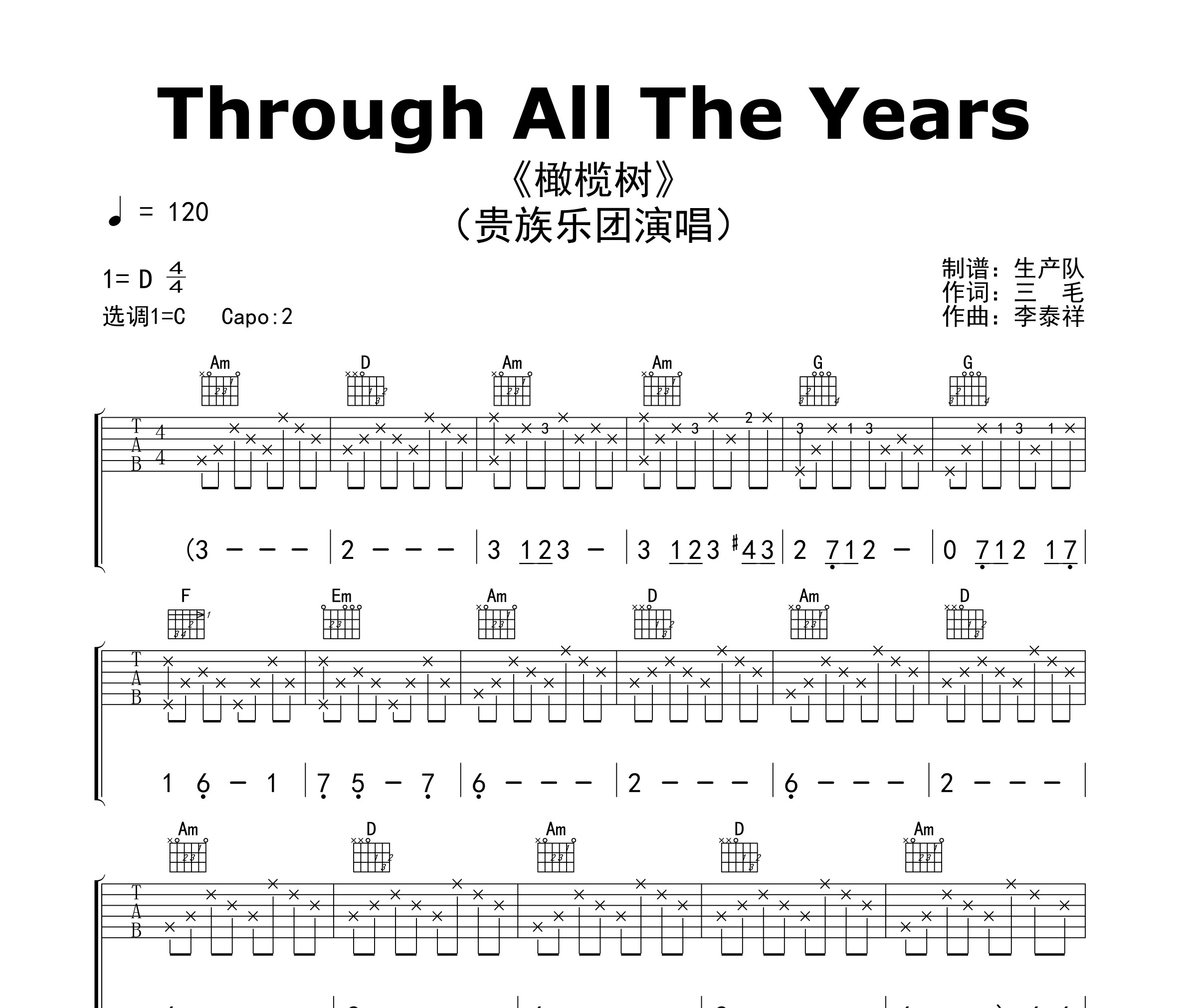 Through All The Years（橄榄树）吉他谱