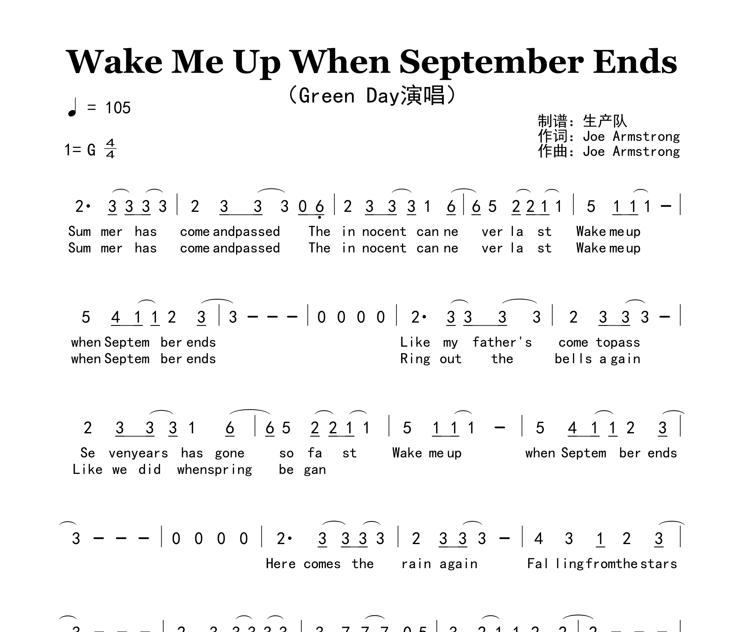 Wake Me Up When September Ends简谱