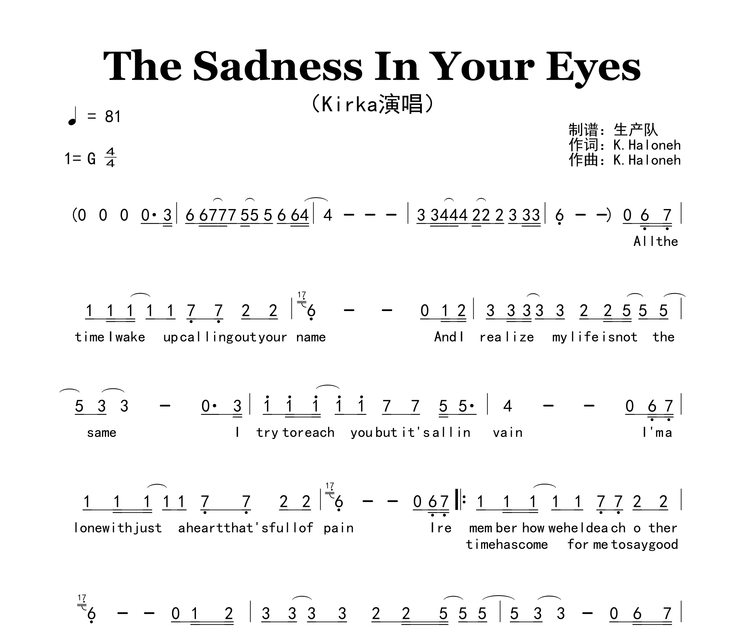 The Sadness In Your Eyes简谱