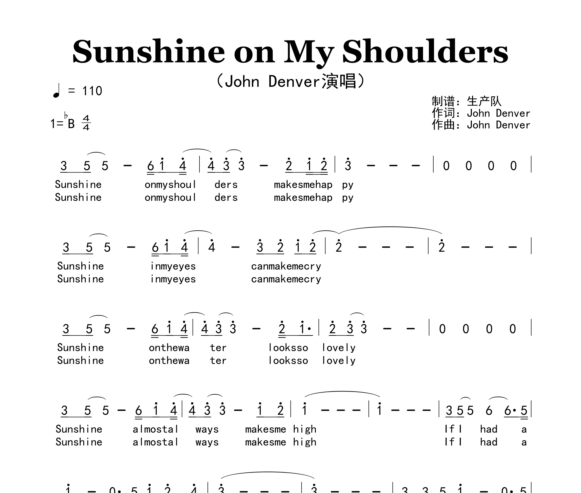 Sunshine on My Shoulders简谱