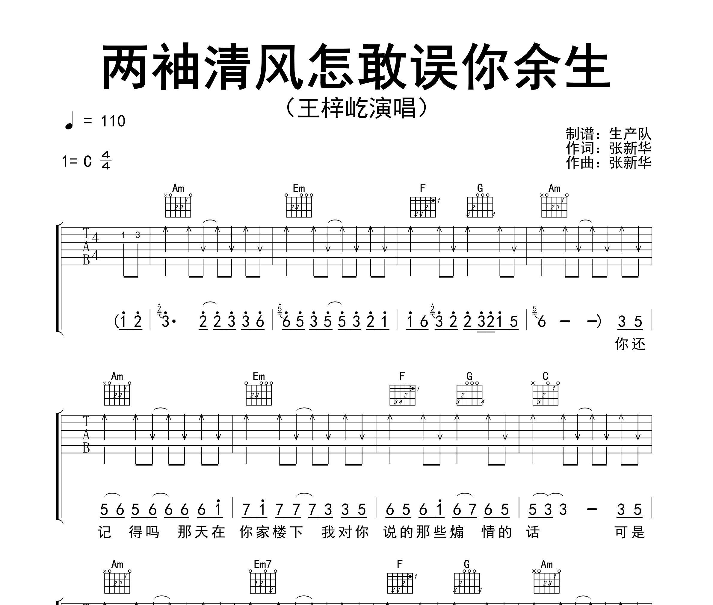 两袖清风怎敢误你余生吉他谱