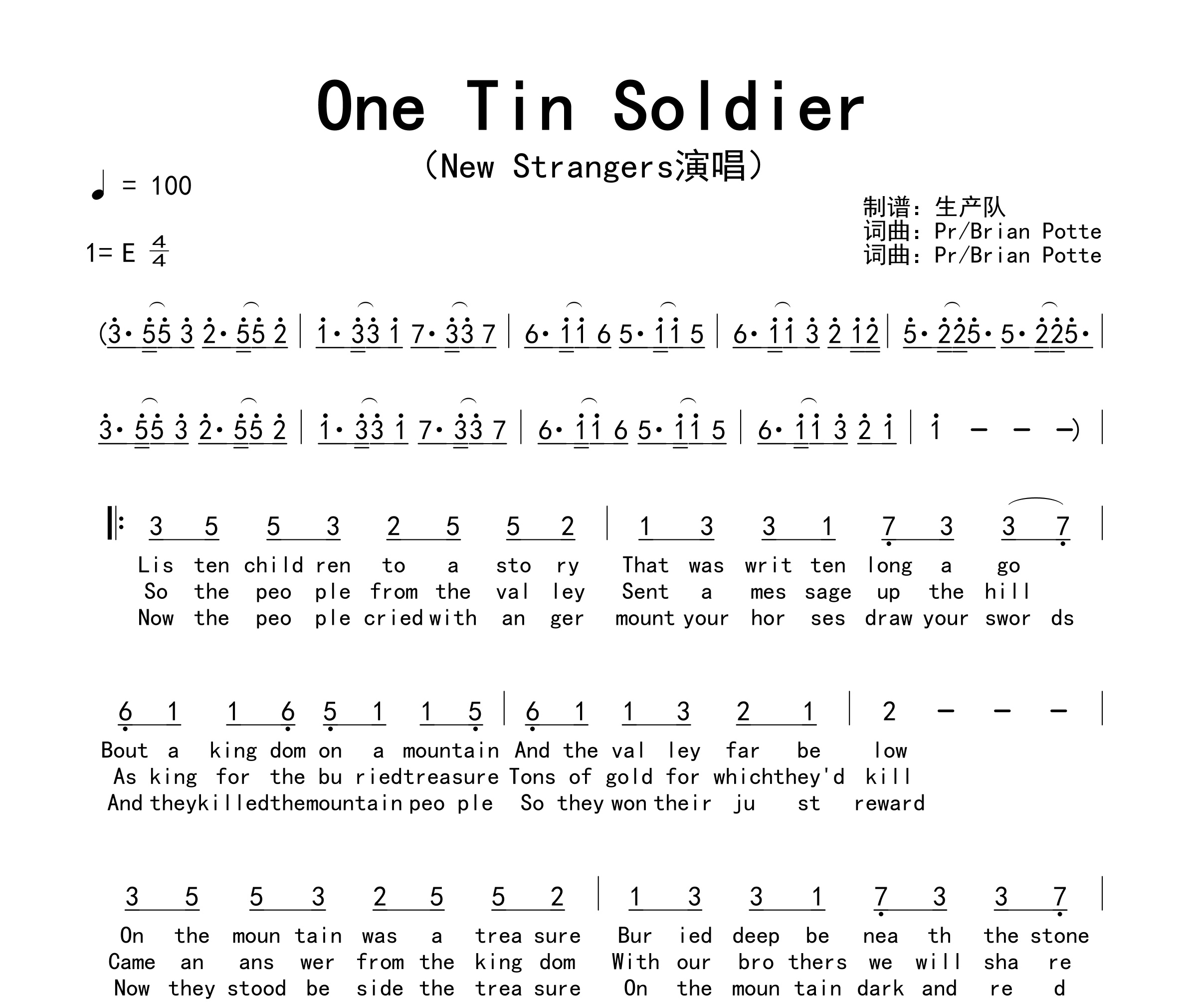 One Tin Soldier简谱