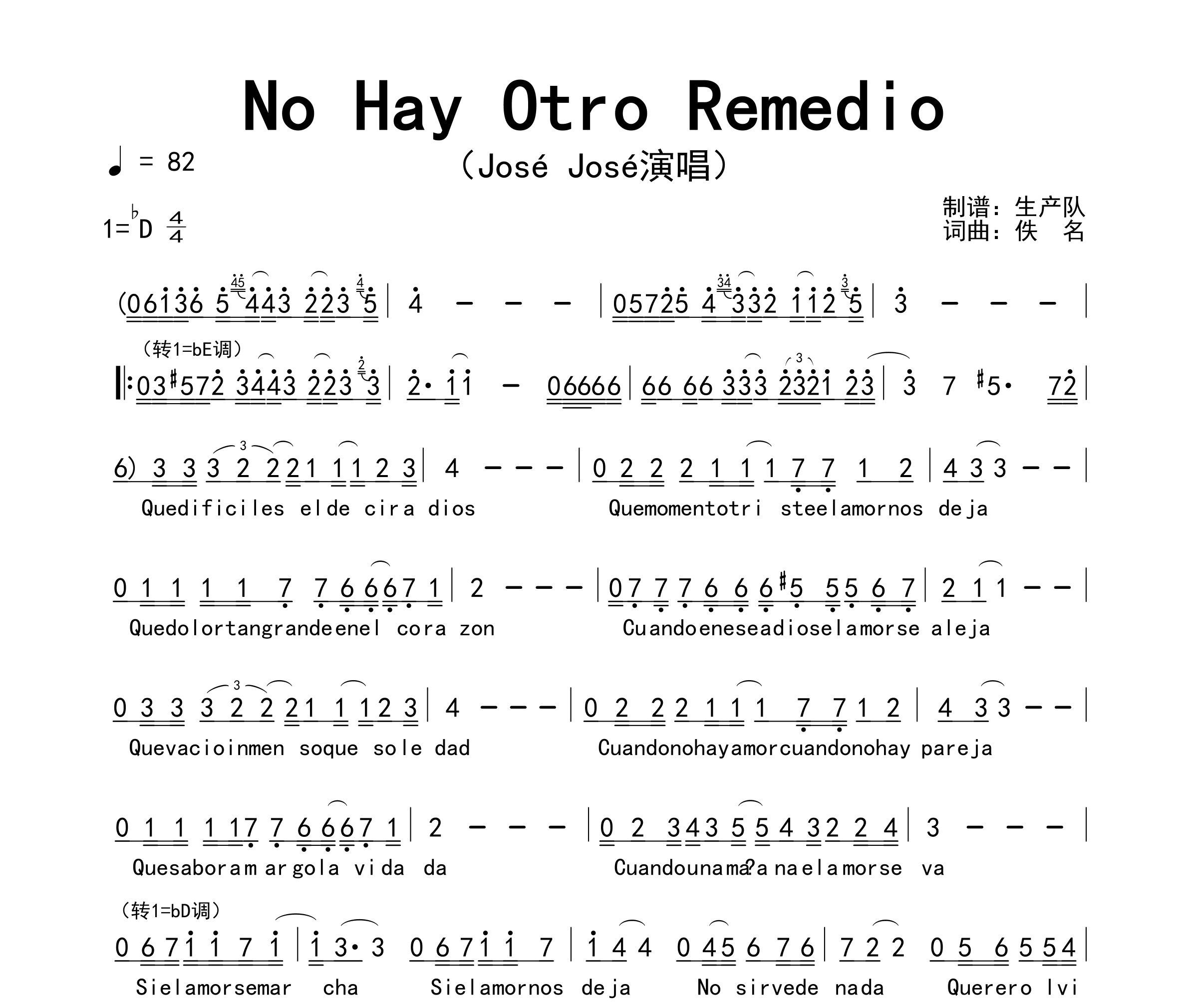 No Hay Otro Remedio简谱