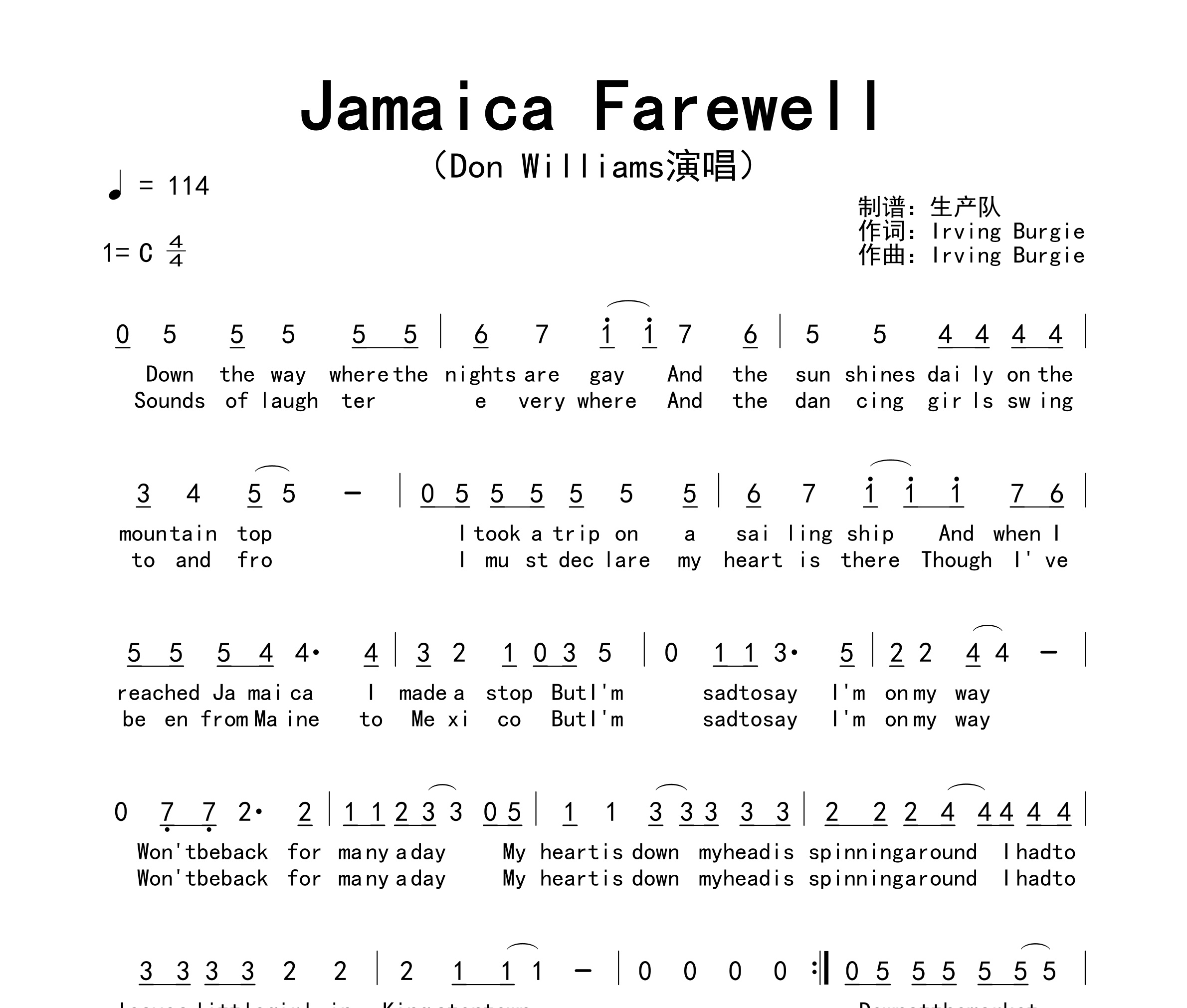 Jamaica Farewell简谱