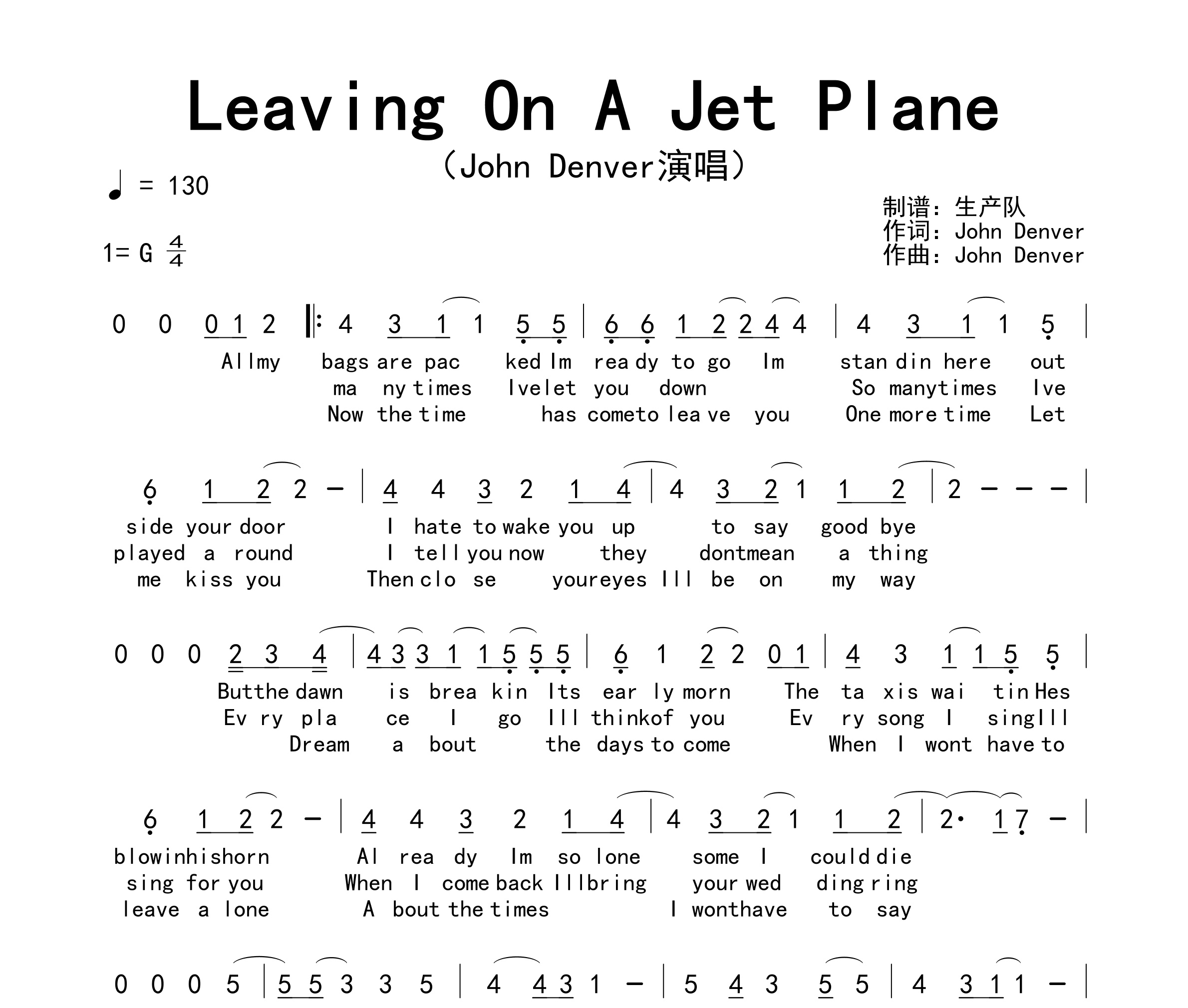 Leaving On A Jet Plane简谱