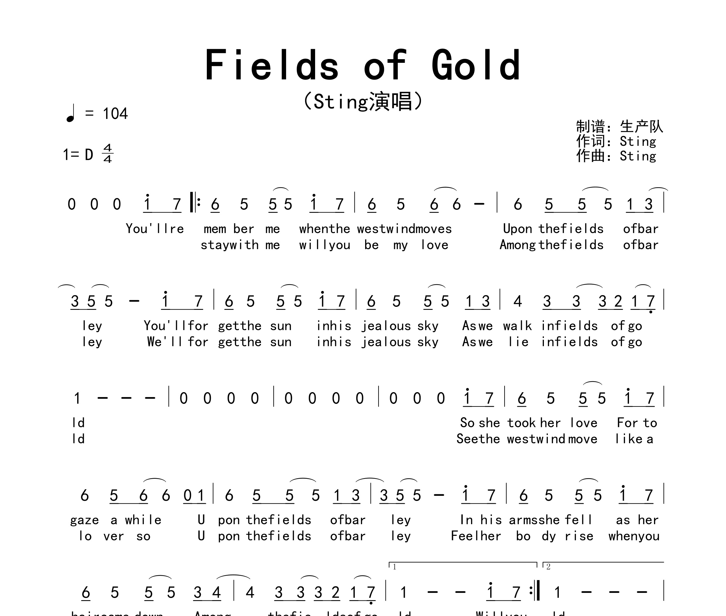 Fields of Gold简谱