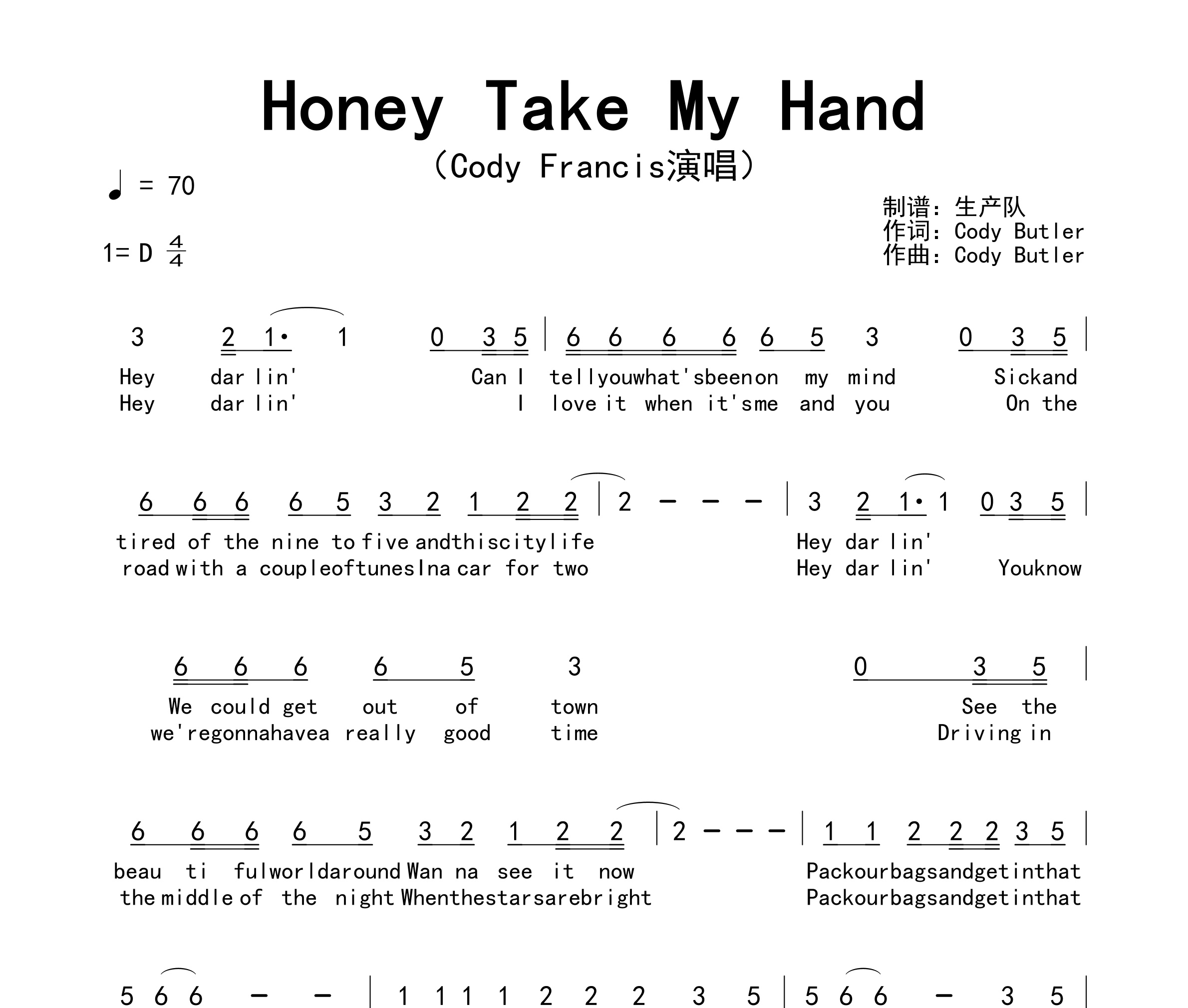 Honey Take My Hand简谱