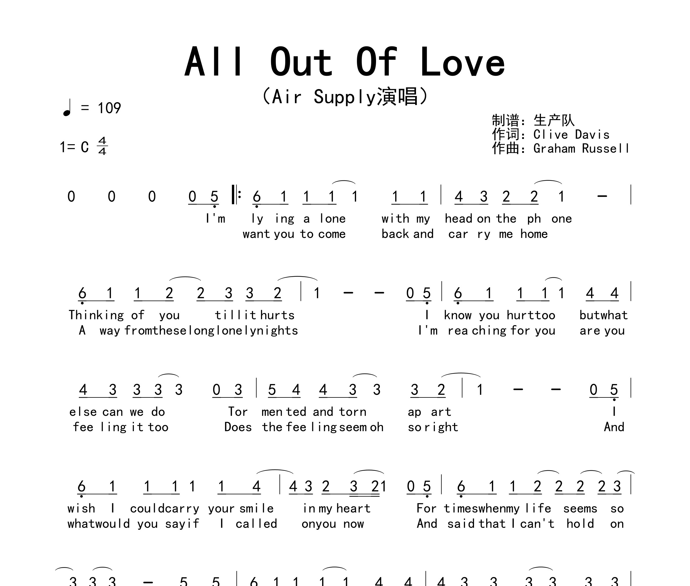 All Out Of Love简谱