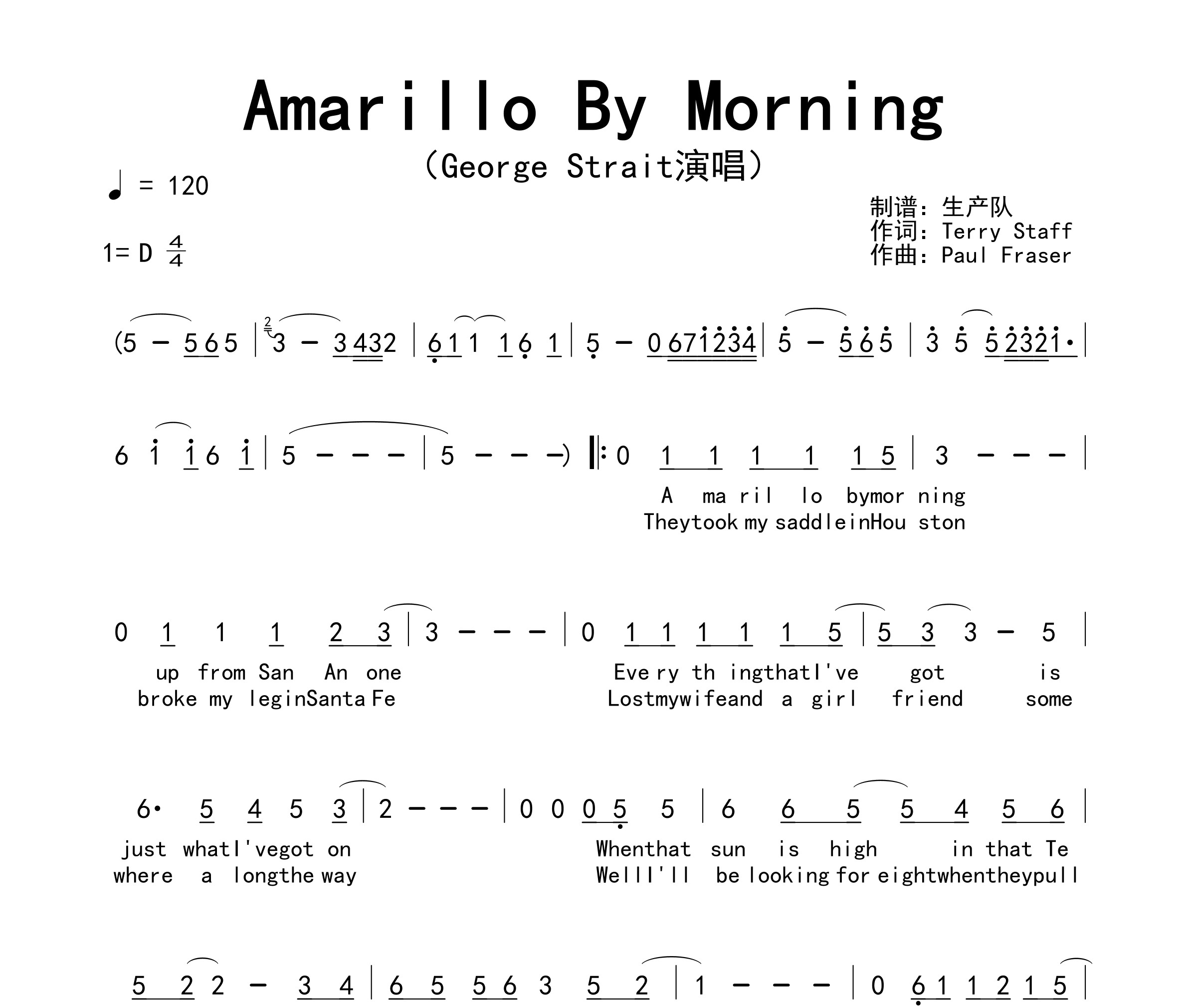 Amarillo By Morning简谱