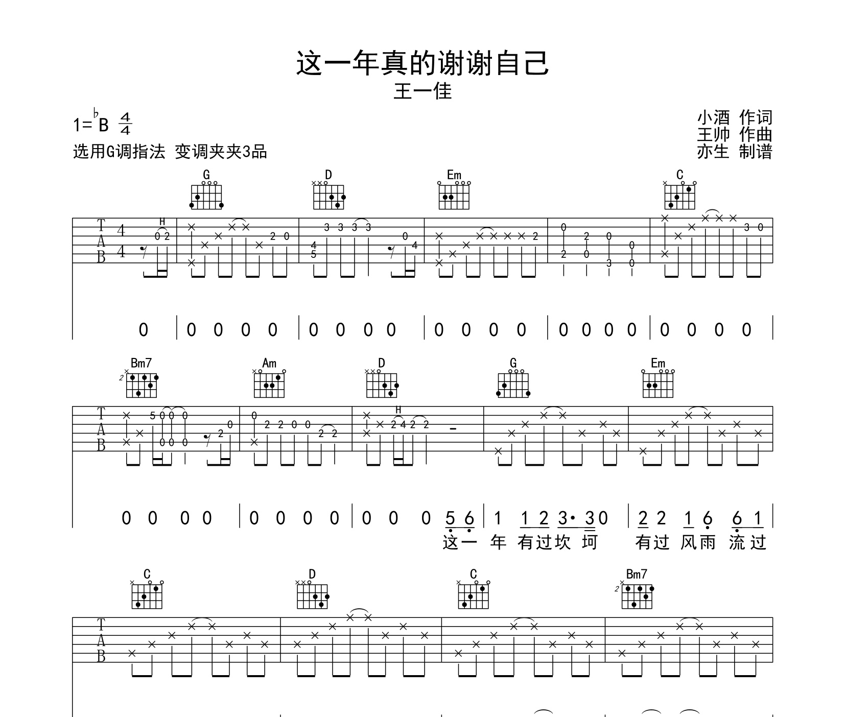 这一年真的谢谢自己吉他谱