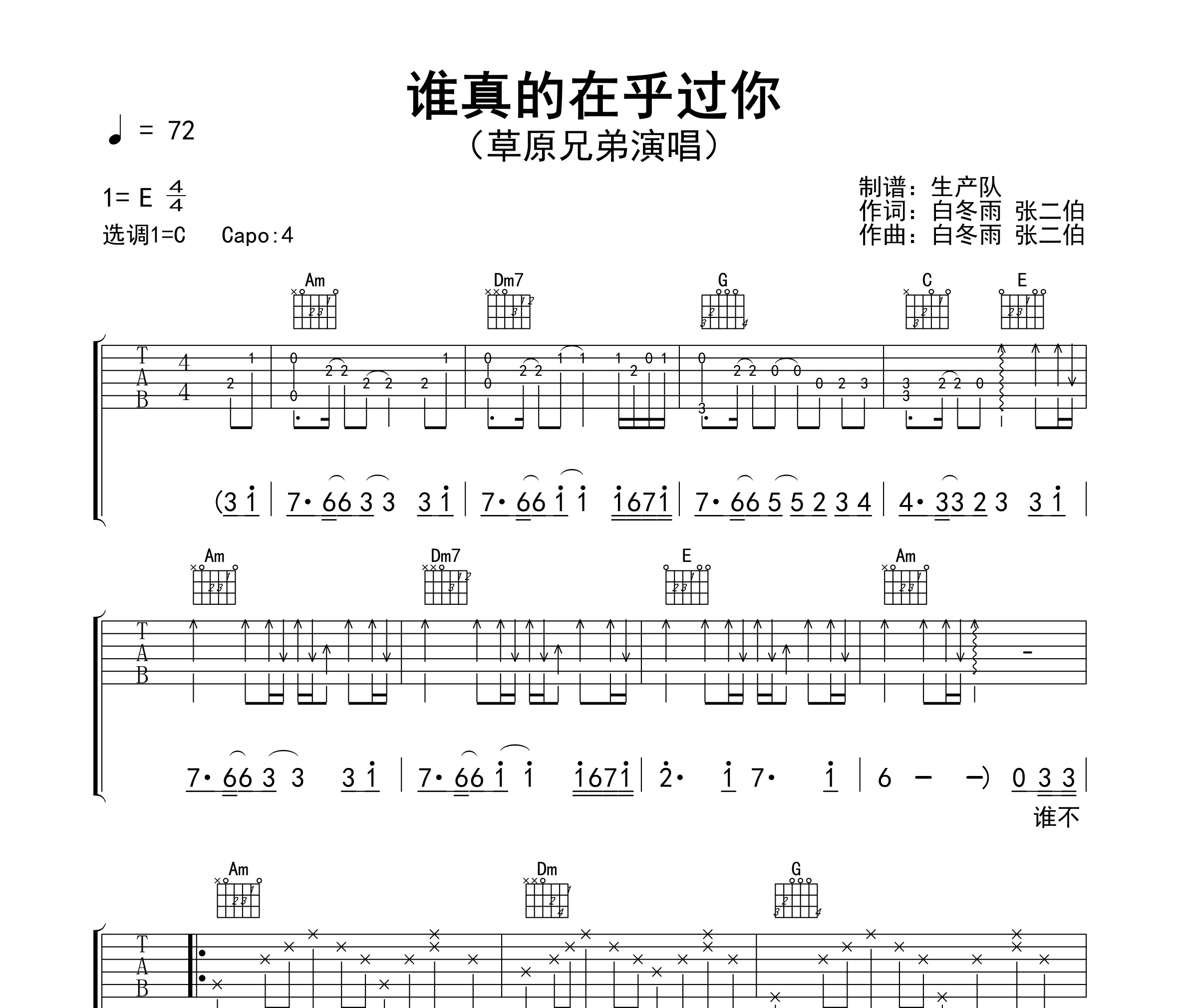 谁真的在乎过你吉他谱