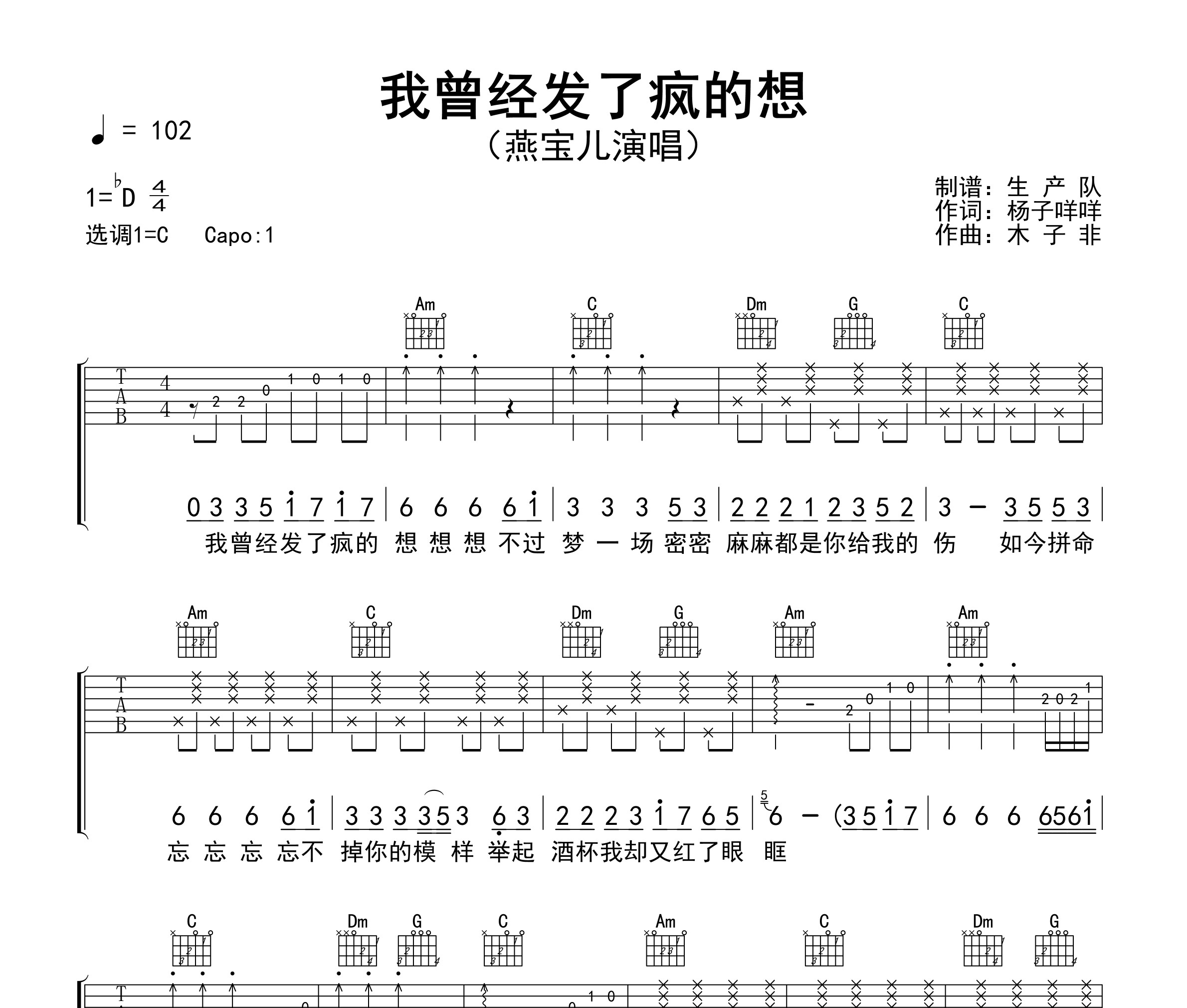 我曾经发了疯的想吉他谱