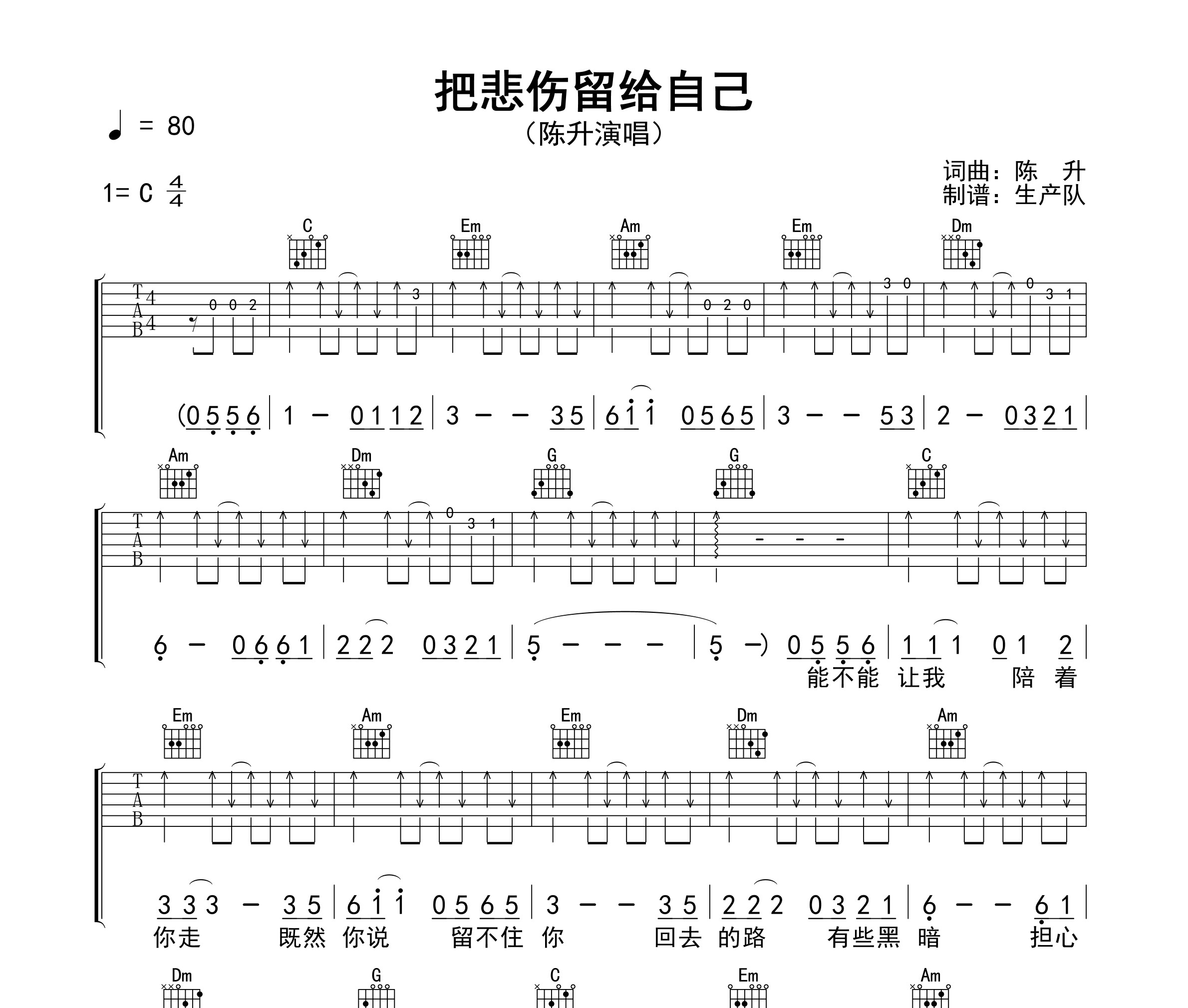 把悲伤留给自己吉他谱