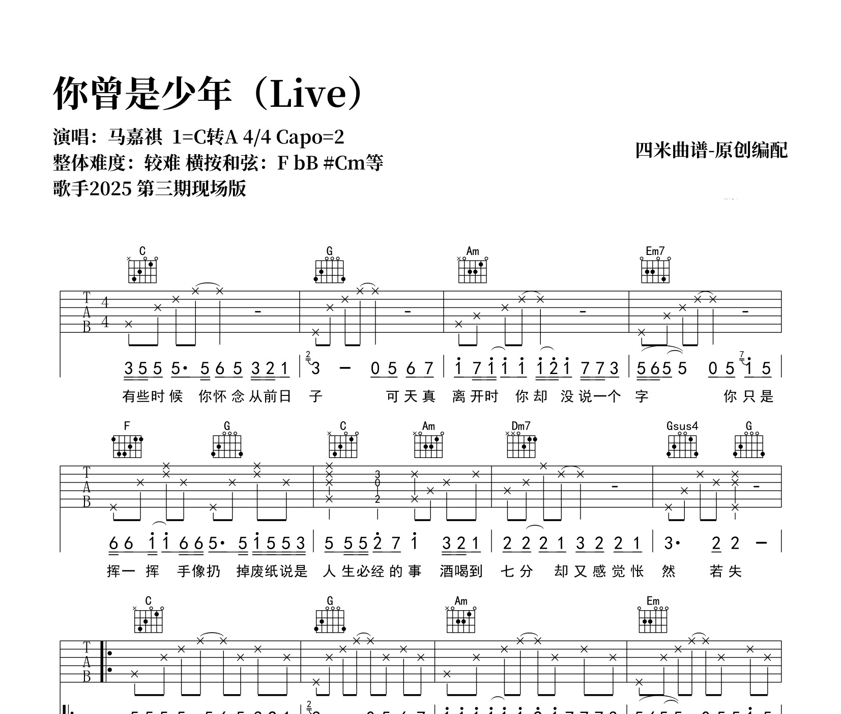 你曾是少年吉他谱