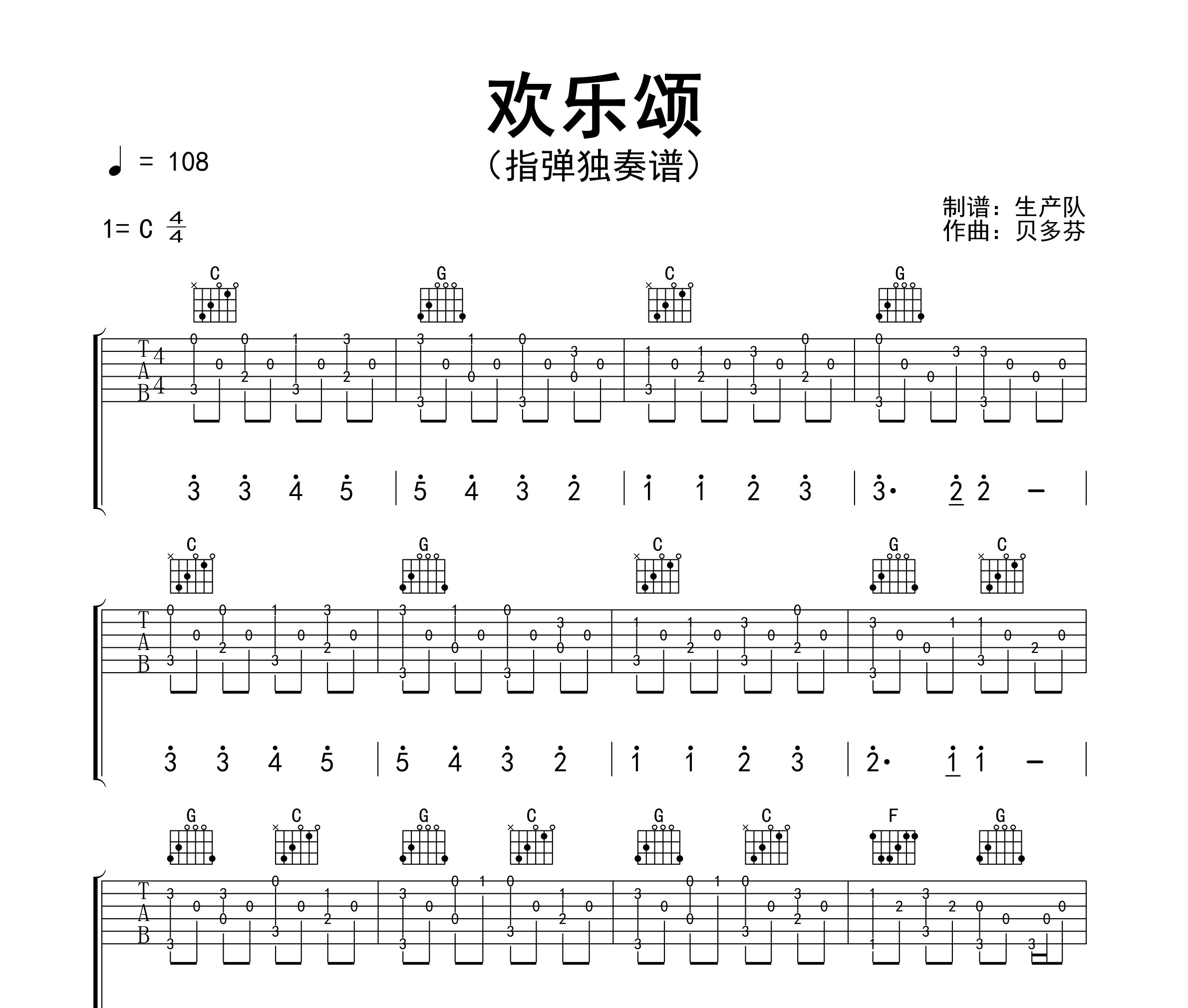 欢乐颂(指弹独奏谱)吉他谱