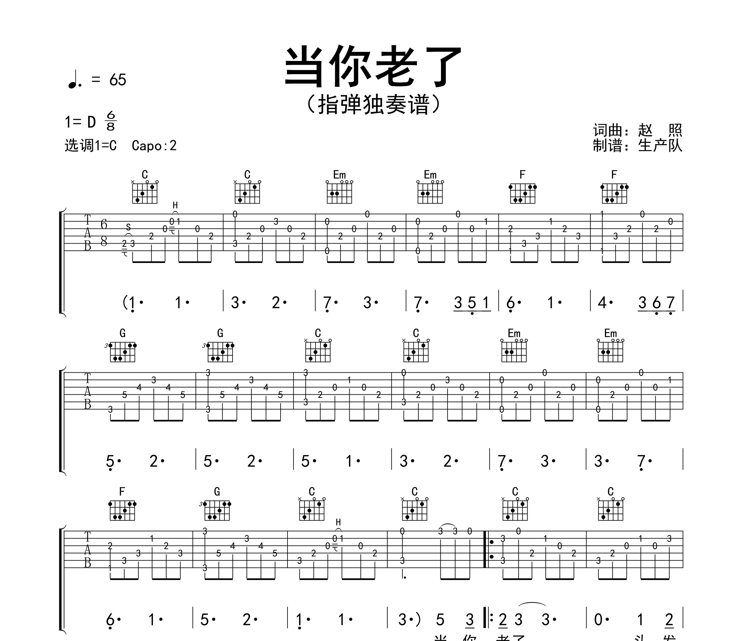 当你老了（指弹独奏谱）吉他谱