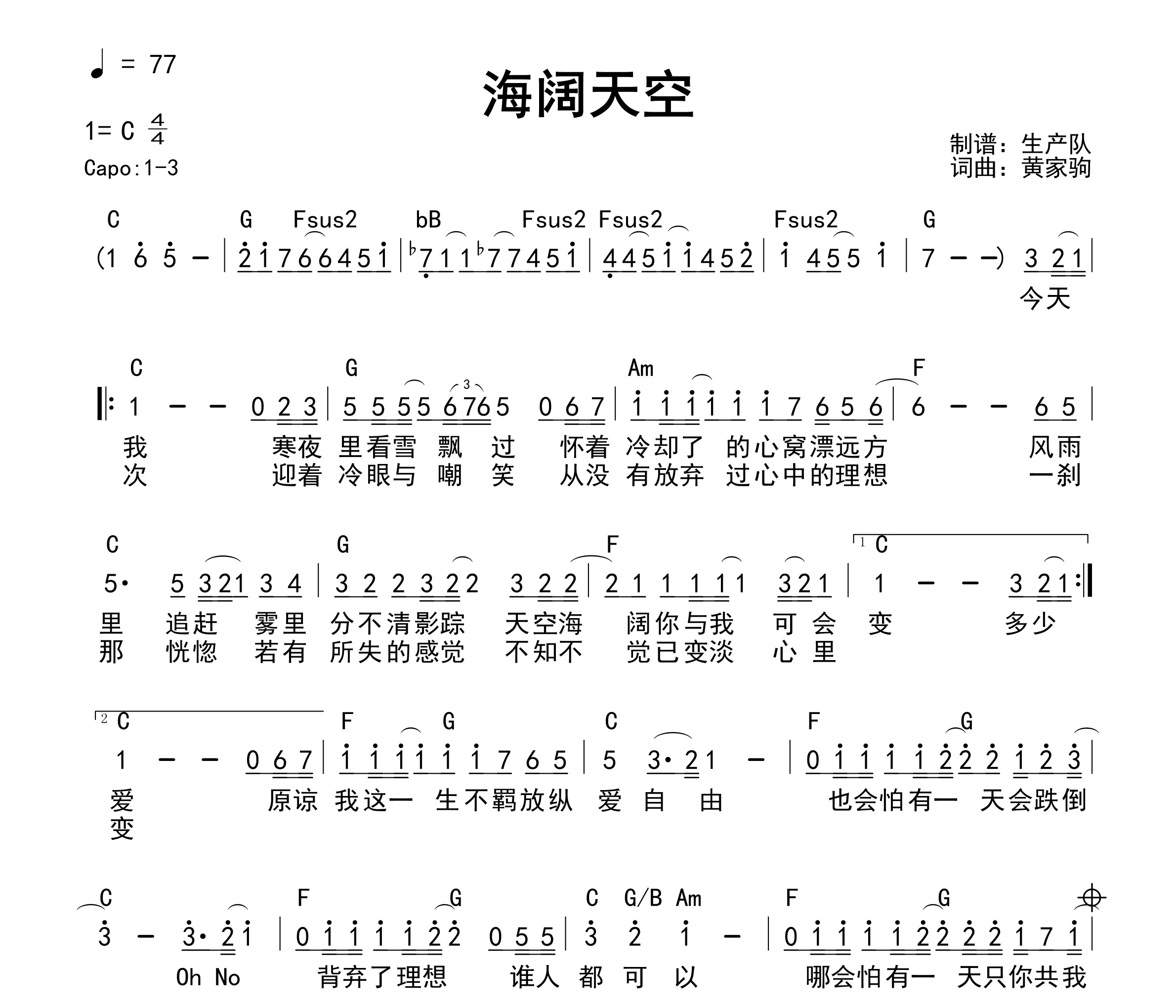 海阔天空（和弦谱）吉他谱