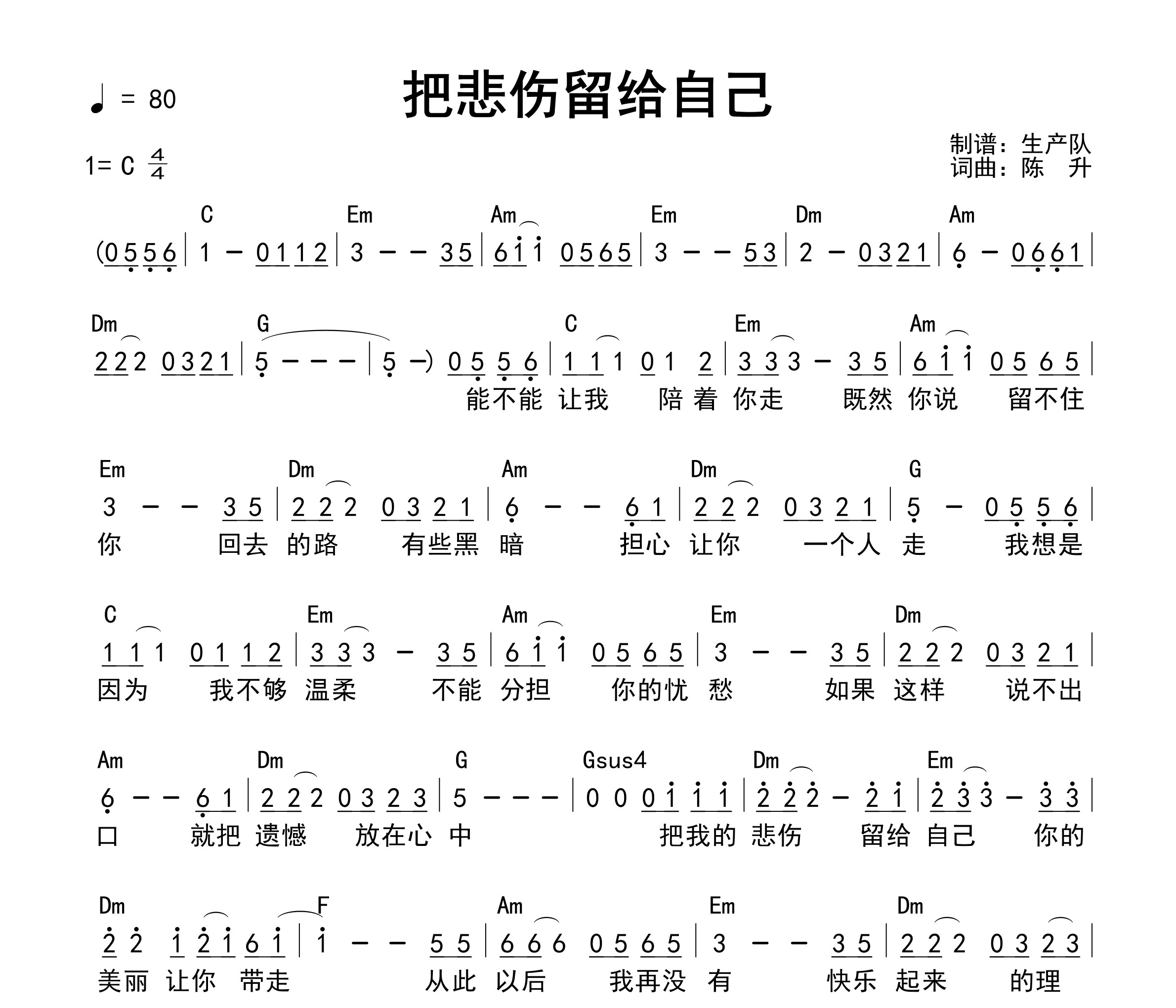 把悲伤留给自己(和弦谱)吉他谱