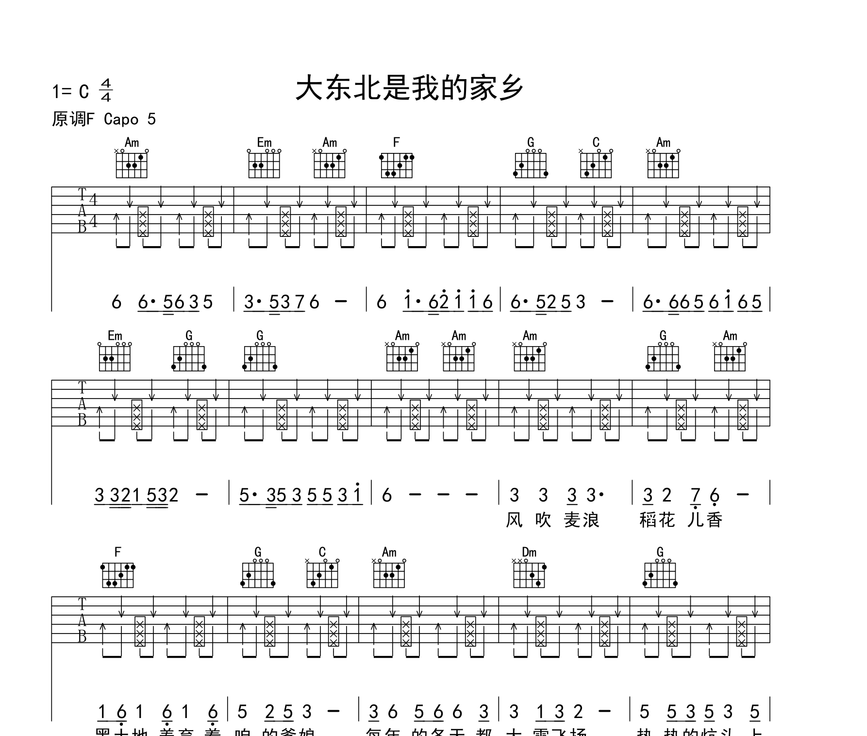 大东北是我的家乡吉他谱