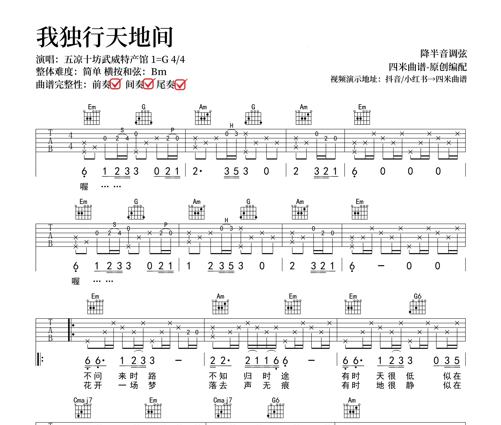 我独行天地间吉他谱