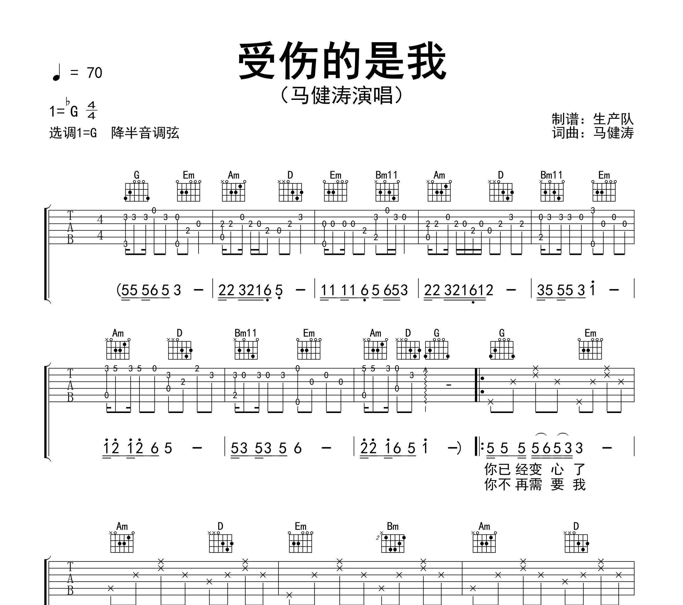 受伤的是我吉他谱