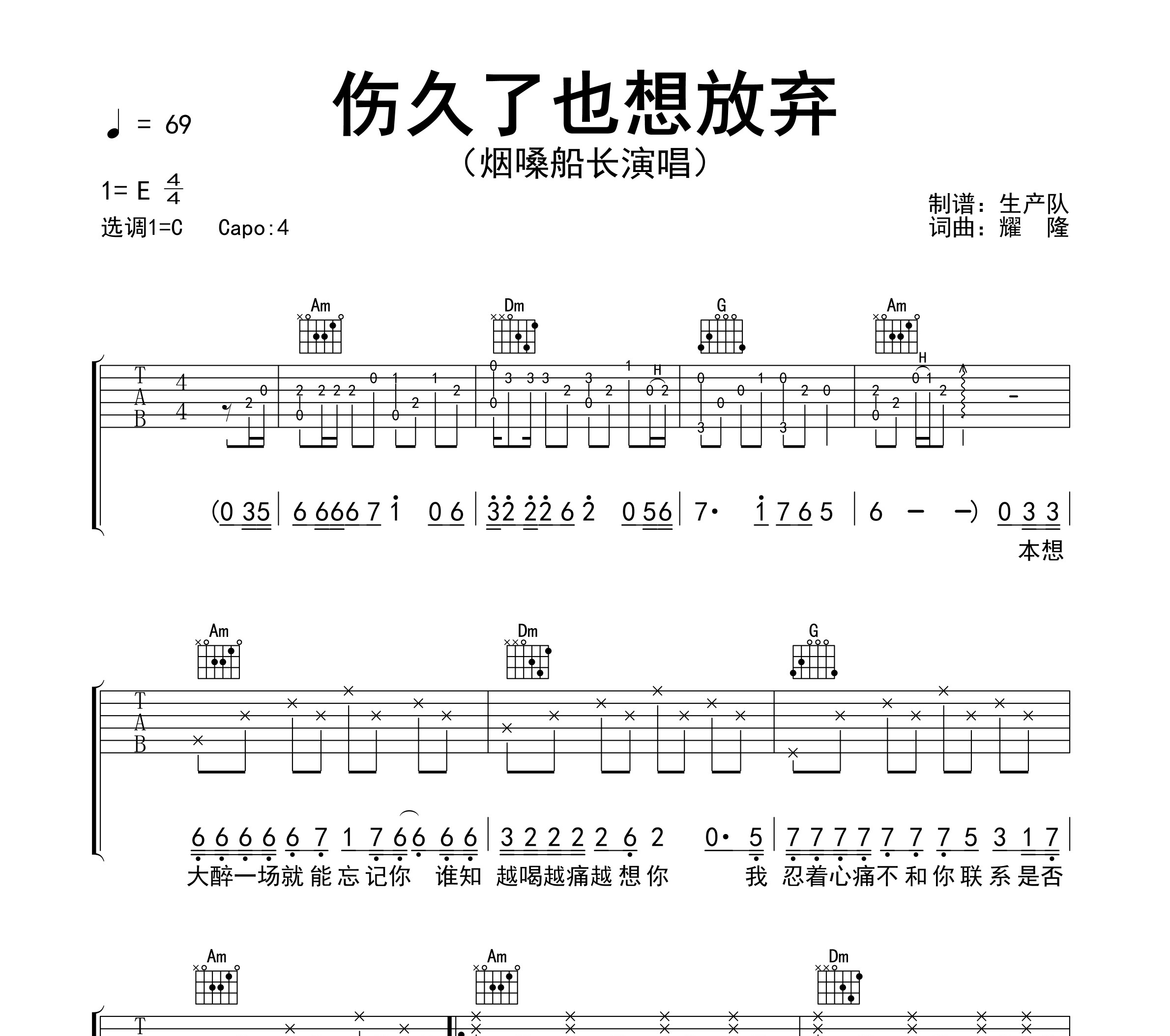 伤久了也想放弃吉他谱