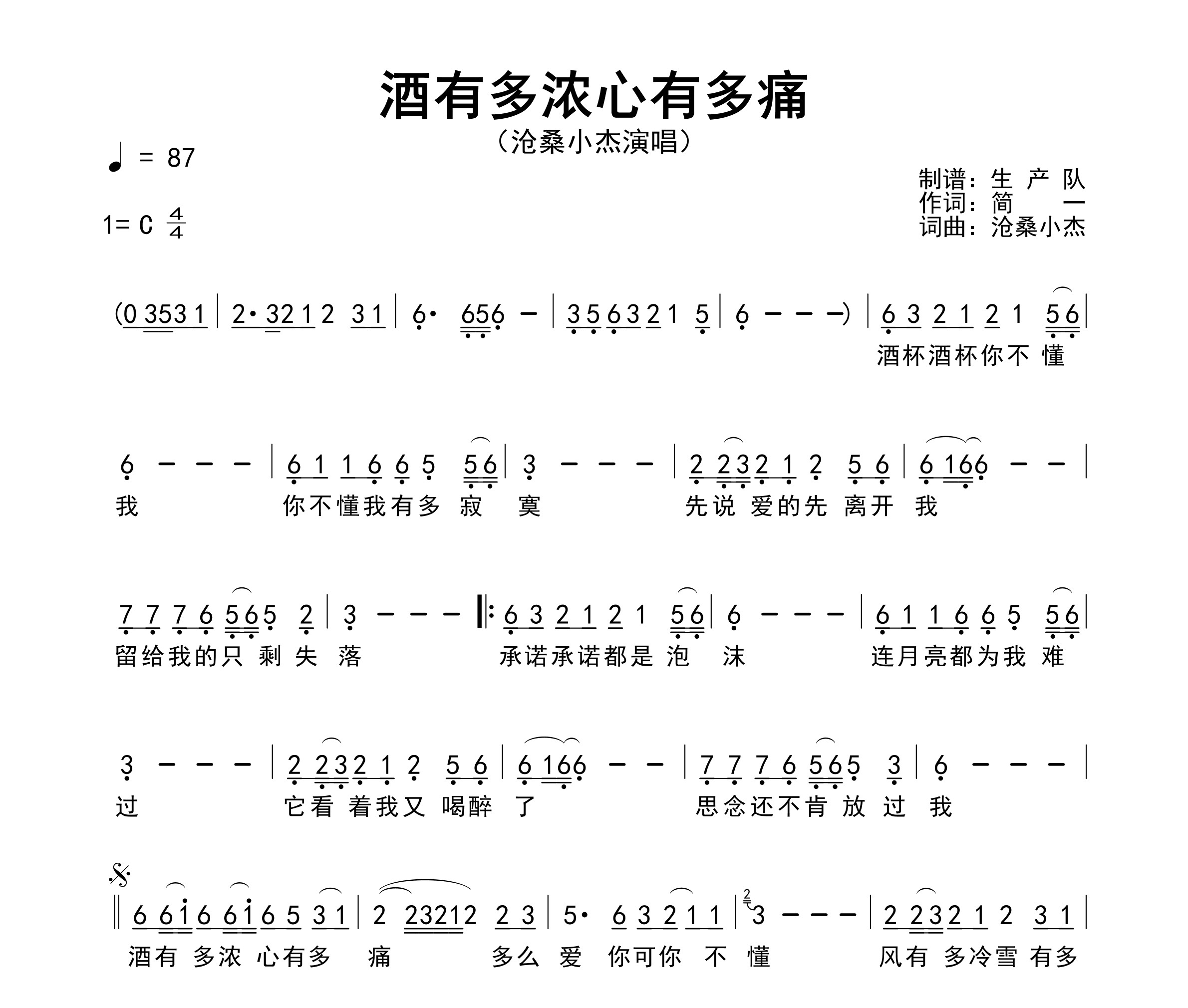 酒有多浓心有多痛简谱