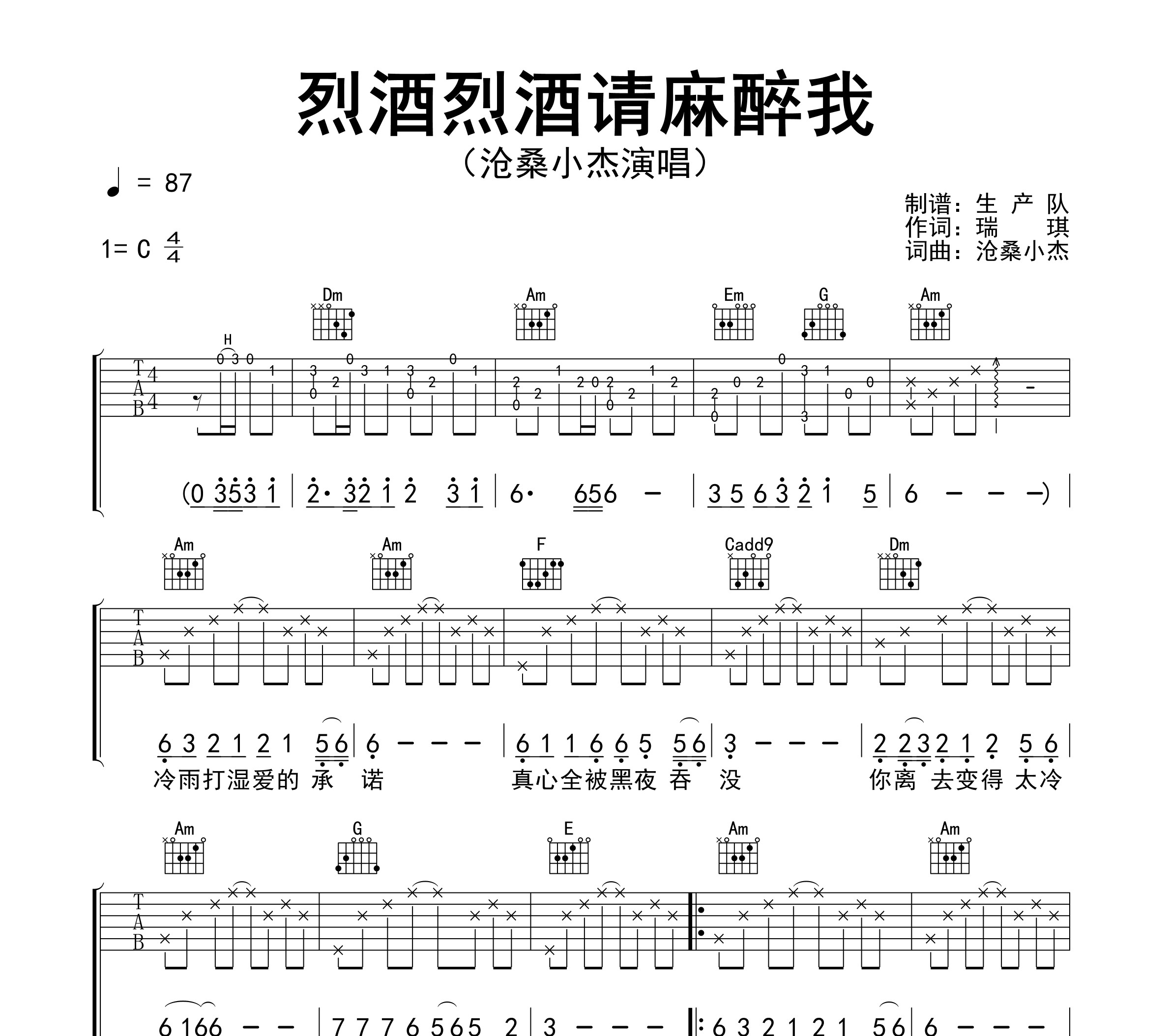 烈酒烈酒请麻醉我吉他谱