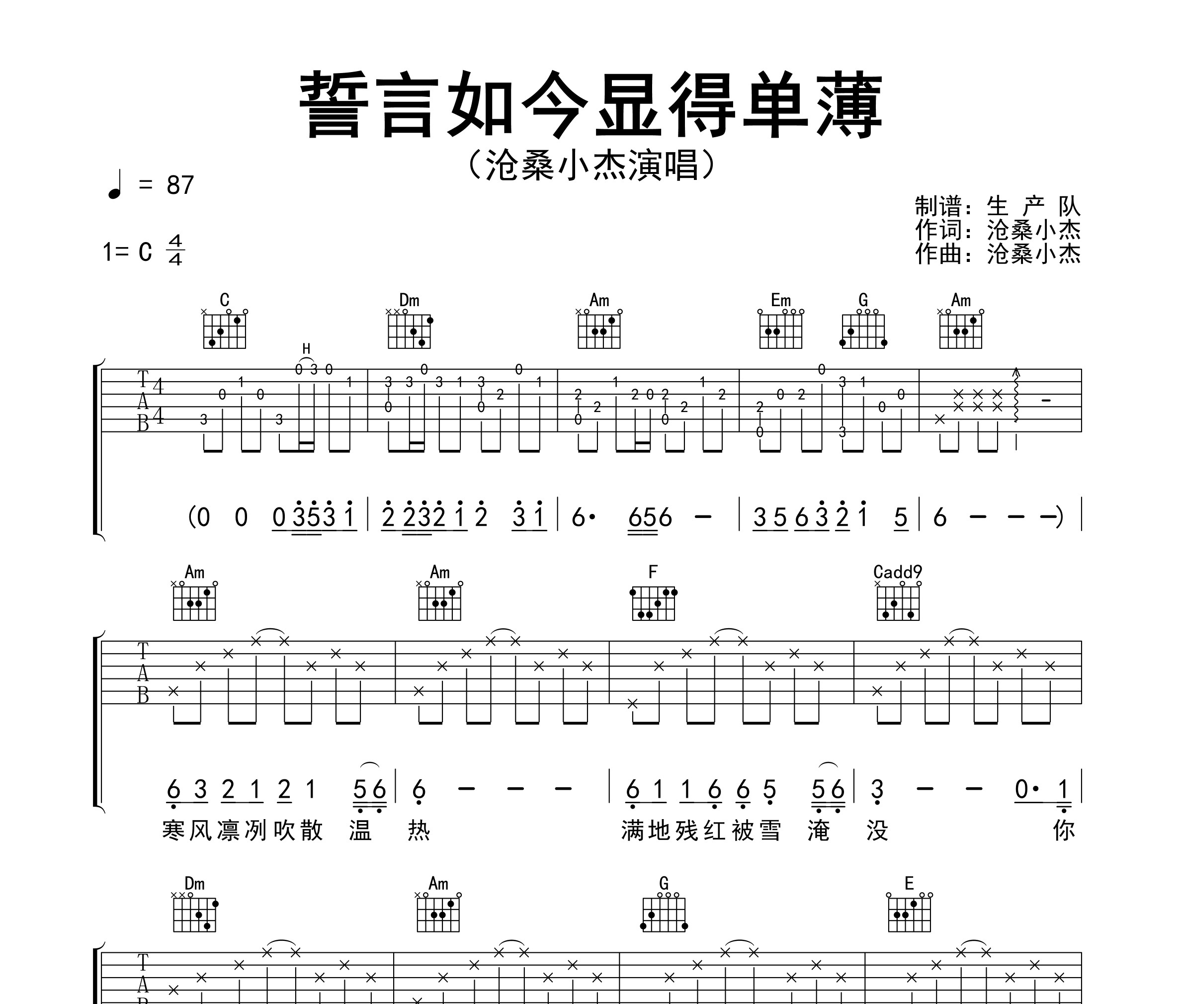 誓言如今显得单薄吉他谱
