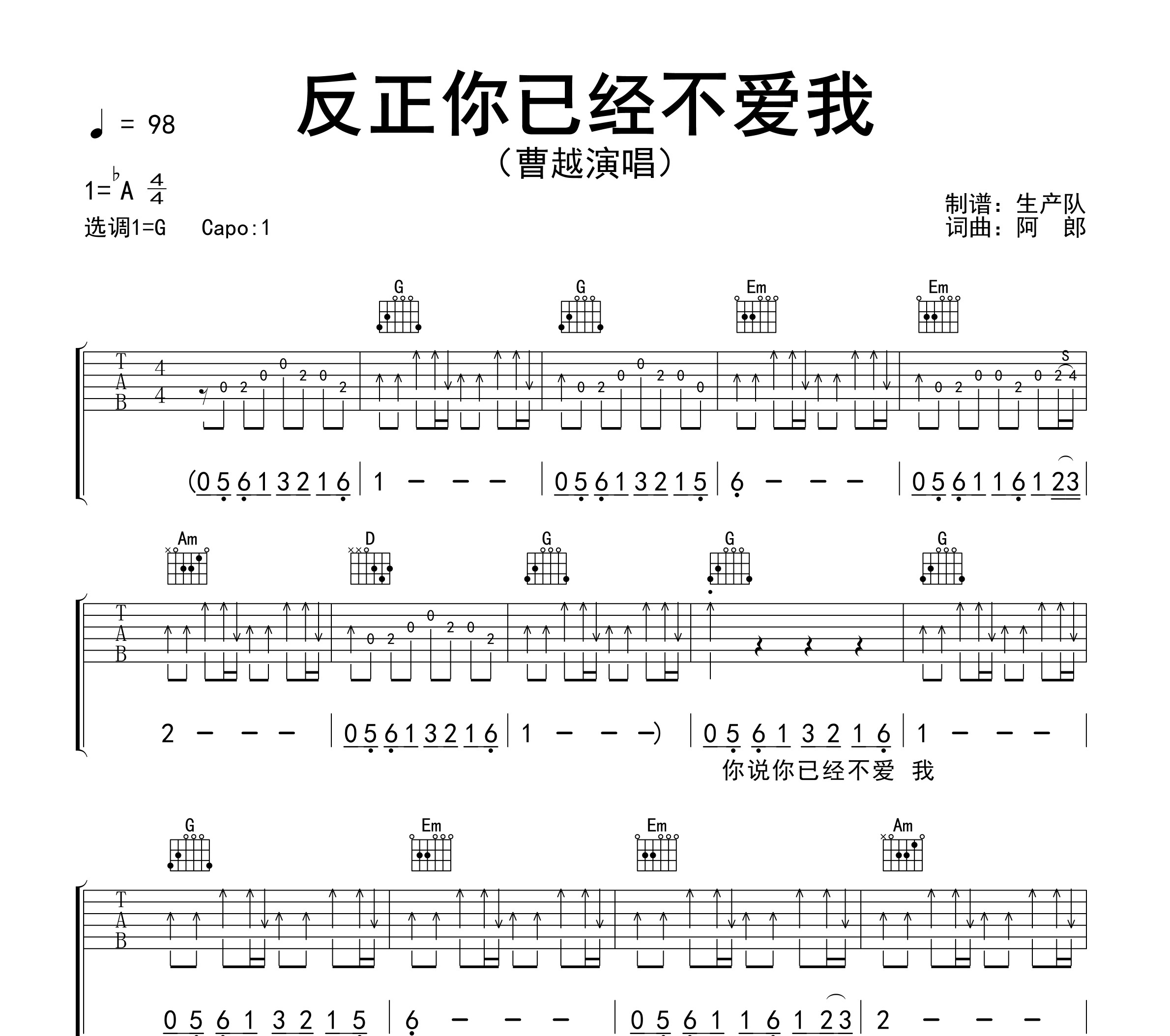 反正你已经不爱我吉他谱