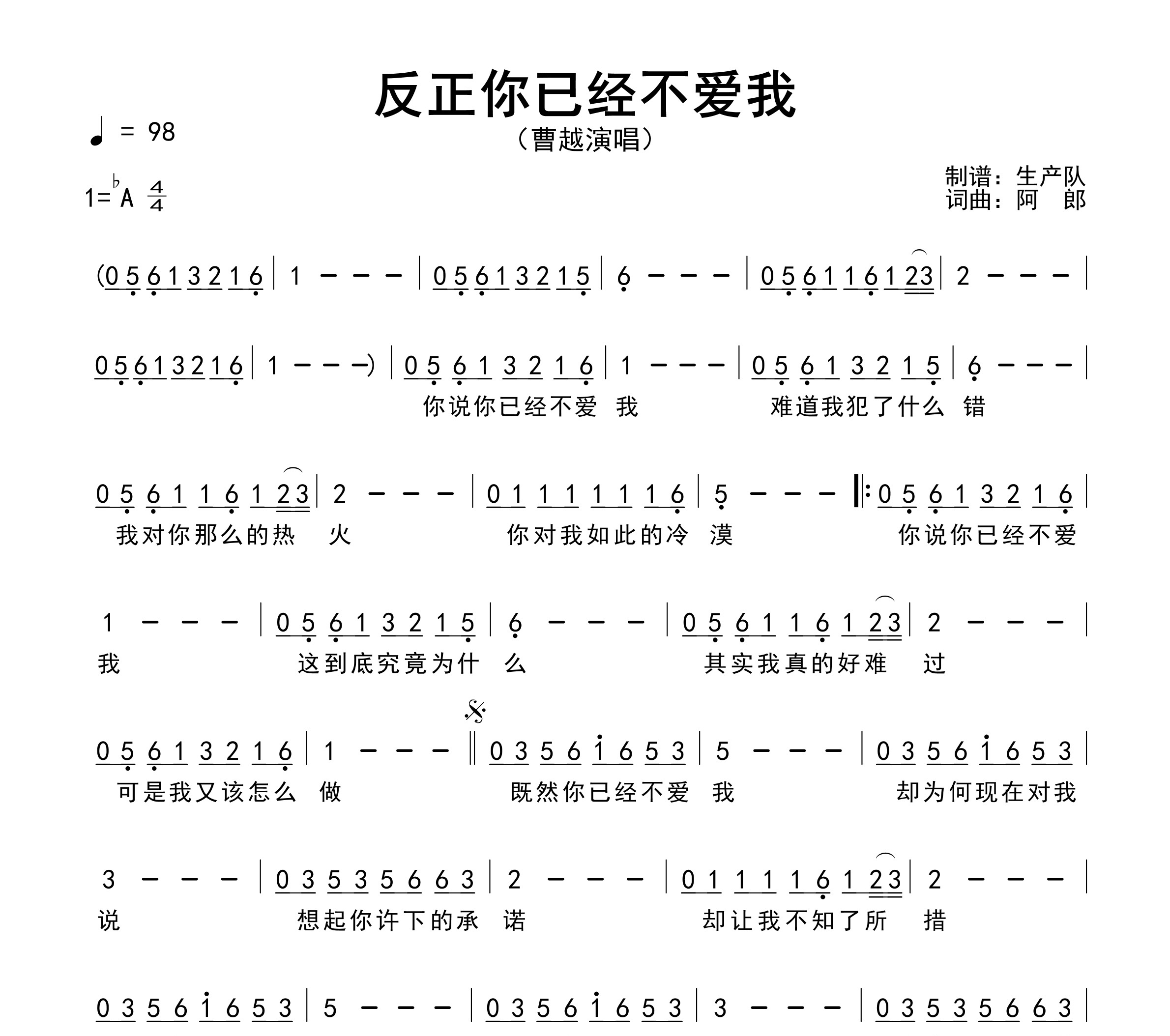 反正你已经不爱我简谱