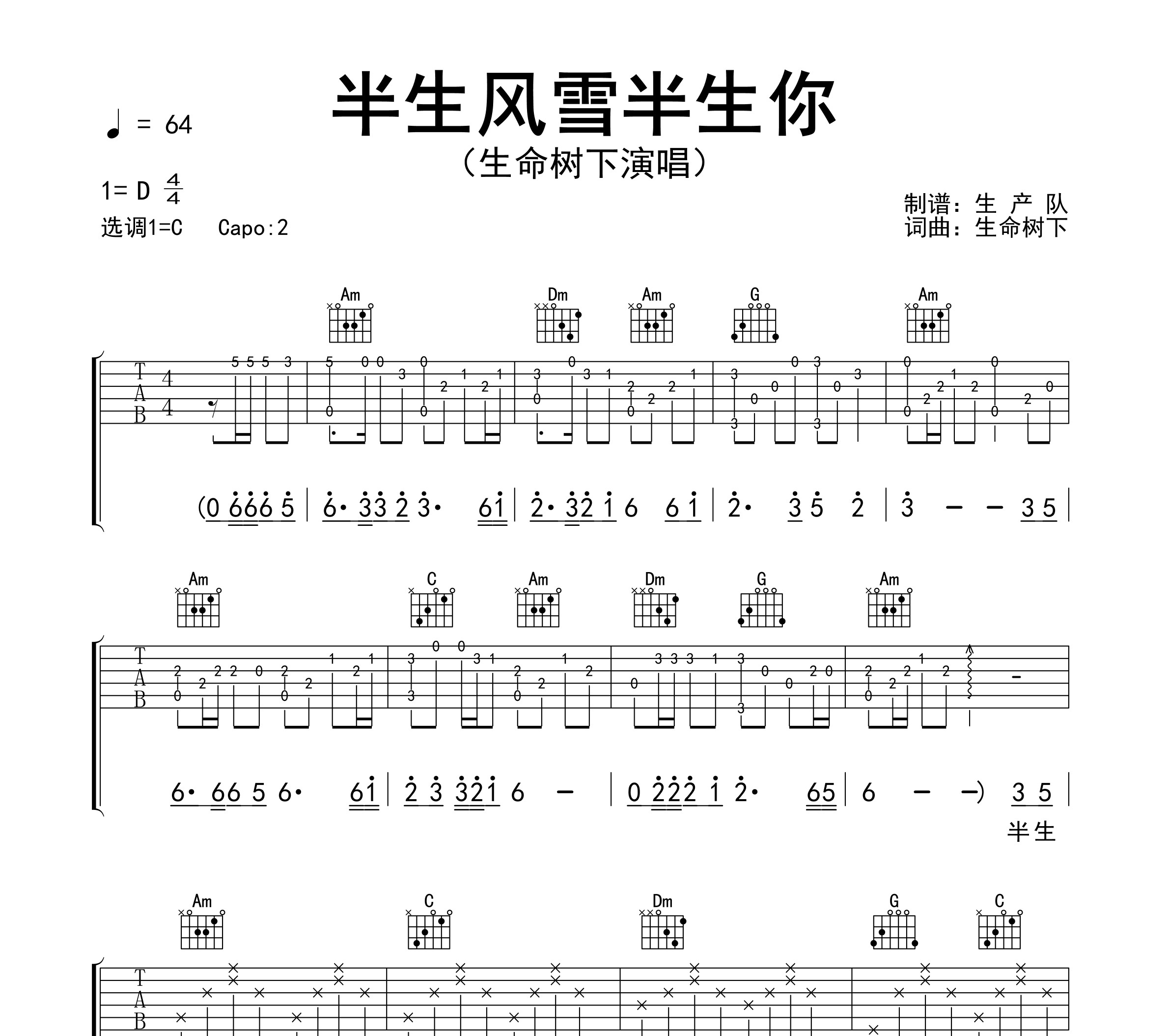 半生风雪半生你吉他谱