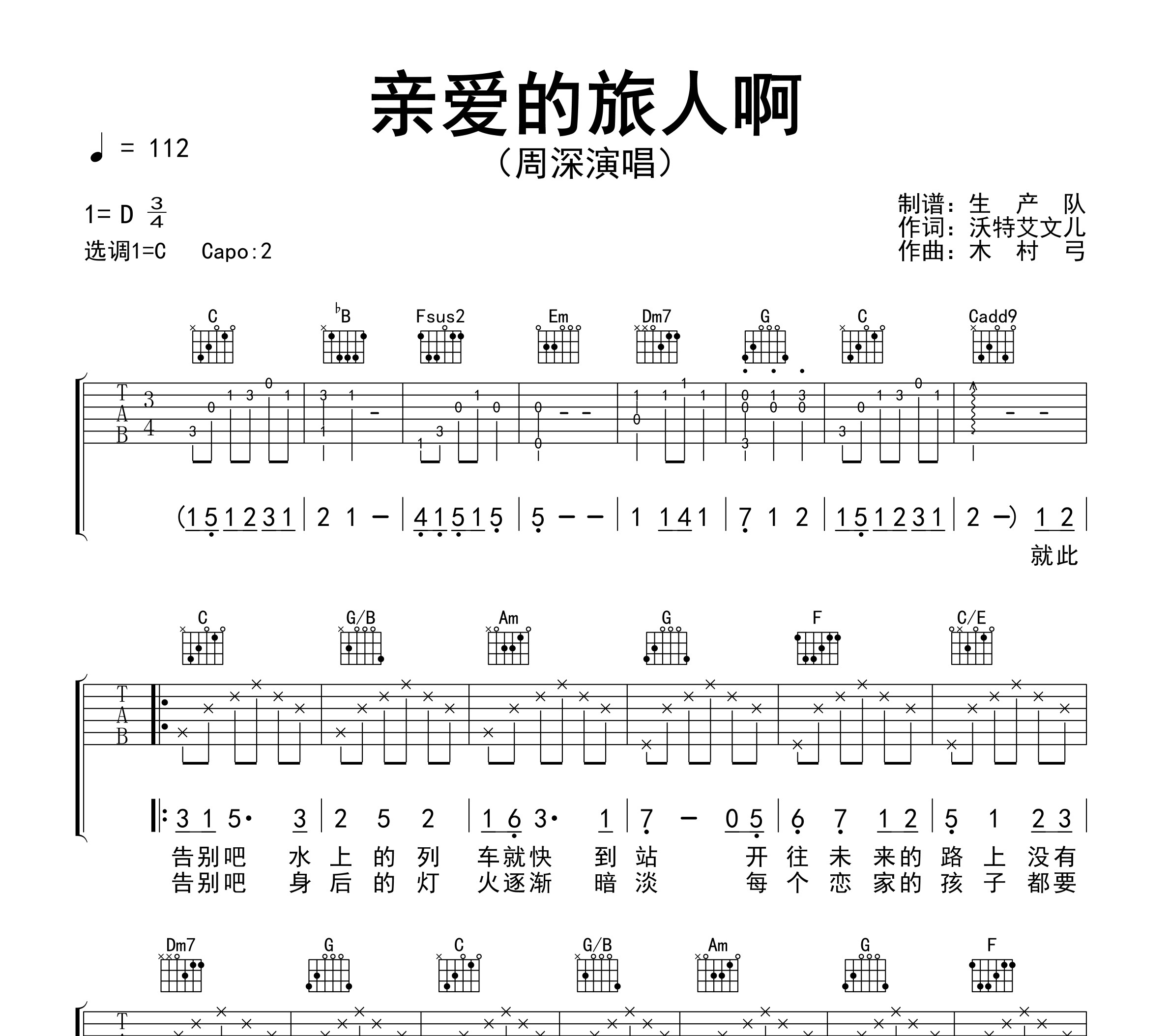 亲爱的旅人啊吉他谱