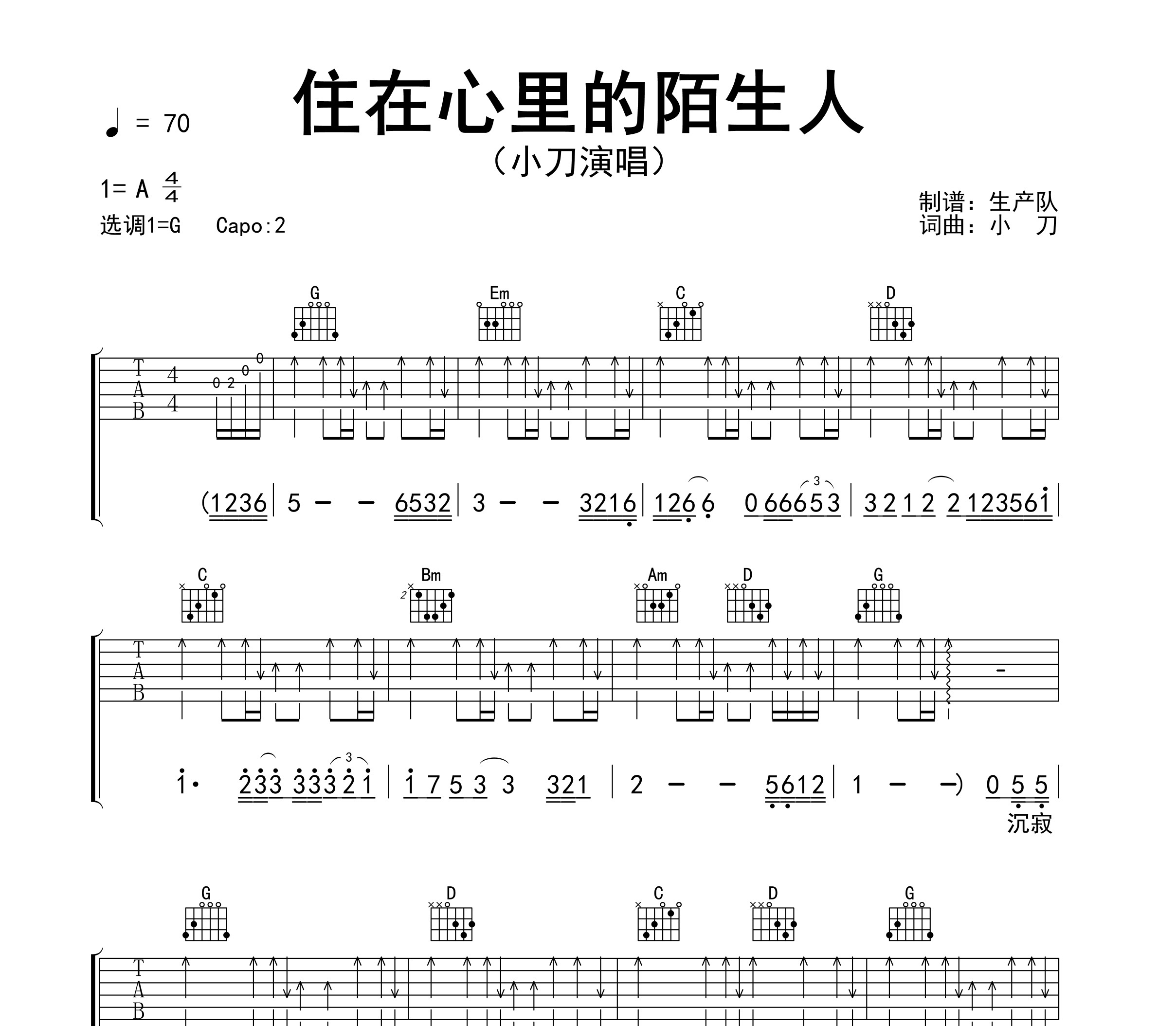 住在心里的陌生人吉他谱