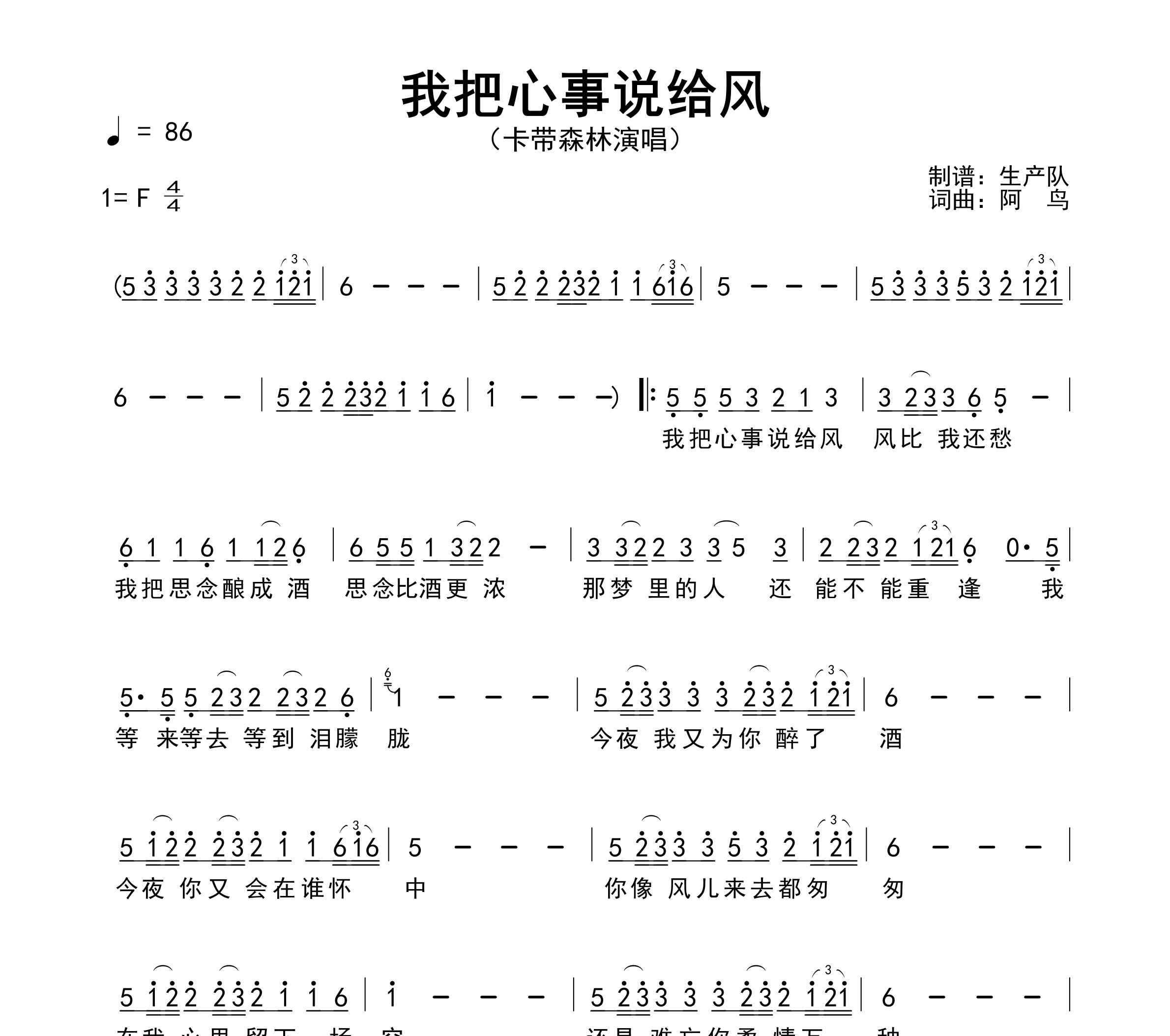 我把心事说给风简谱