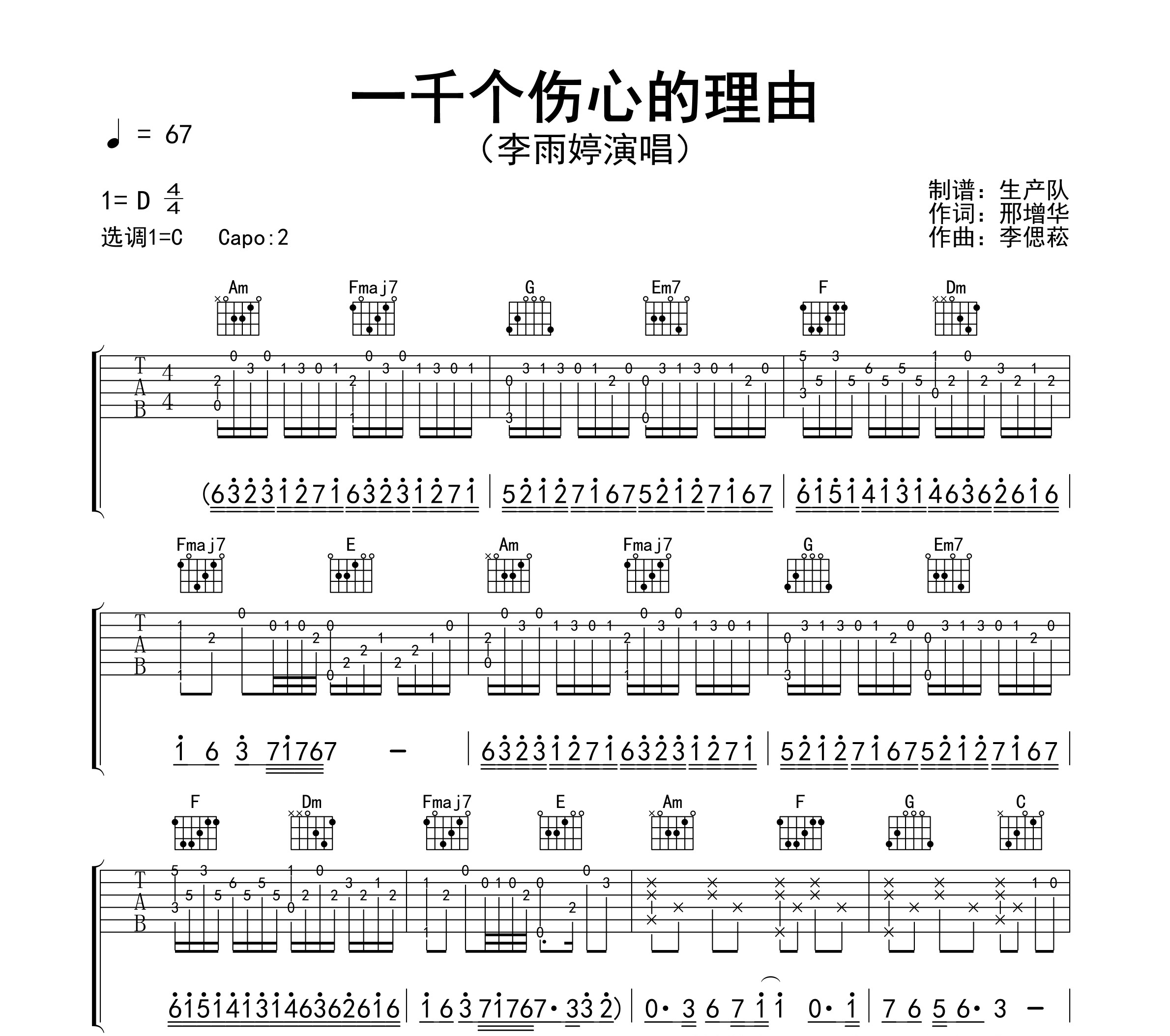 一千个伤心的理由吉他谱