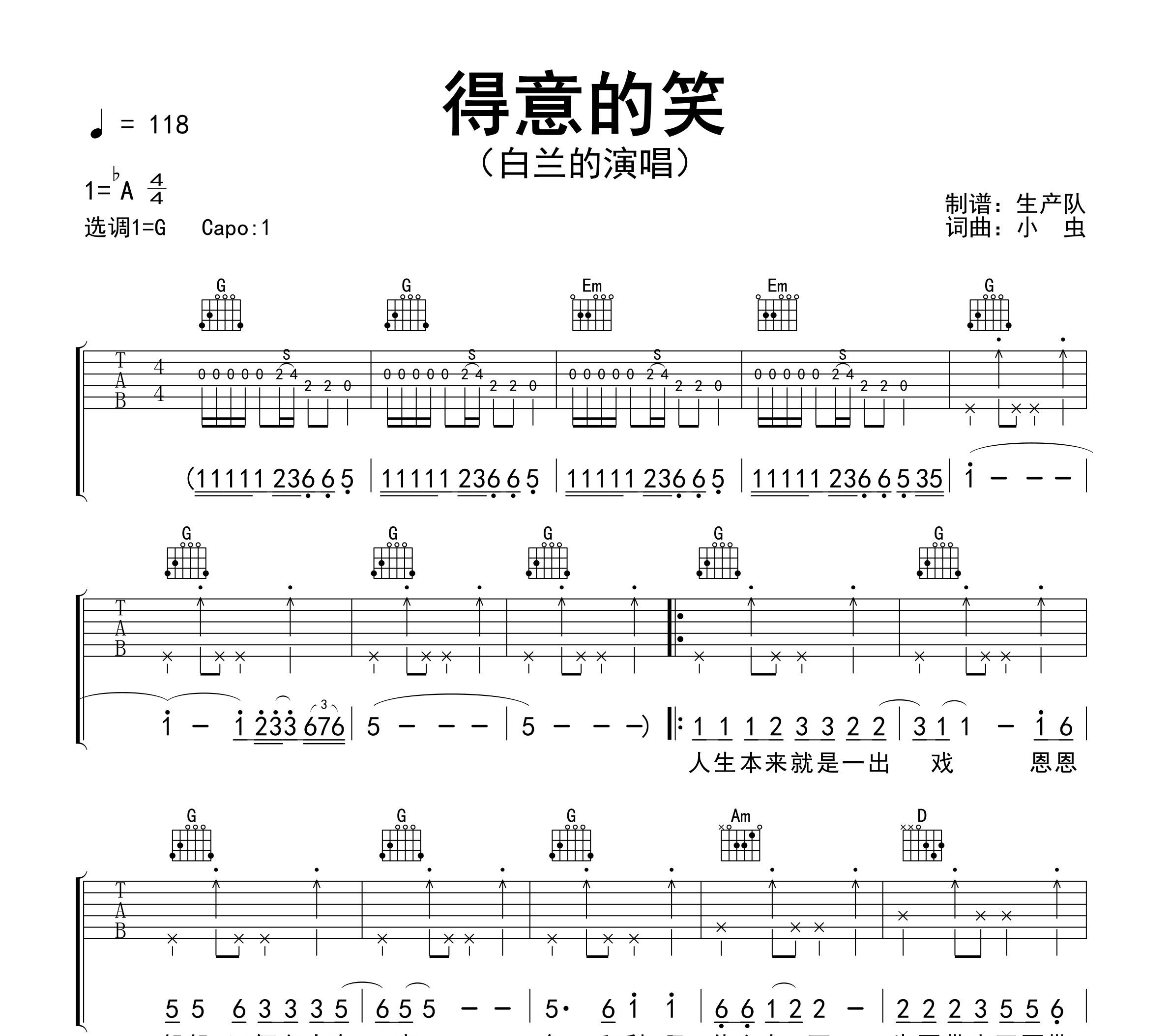 得意的笑（雷鬼版）吉他谱