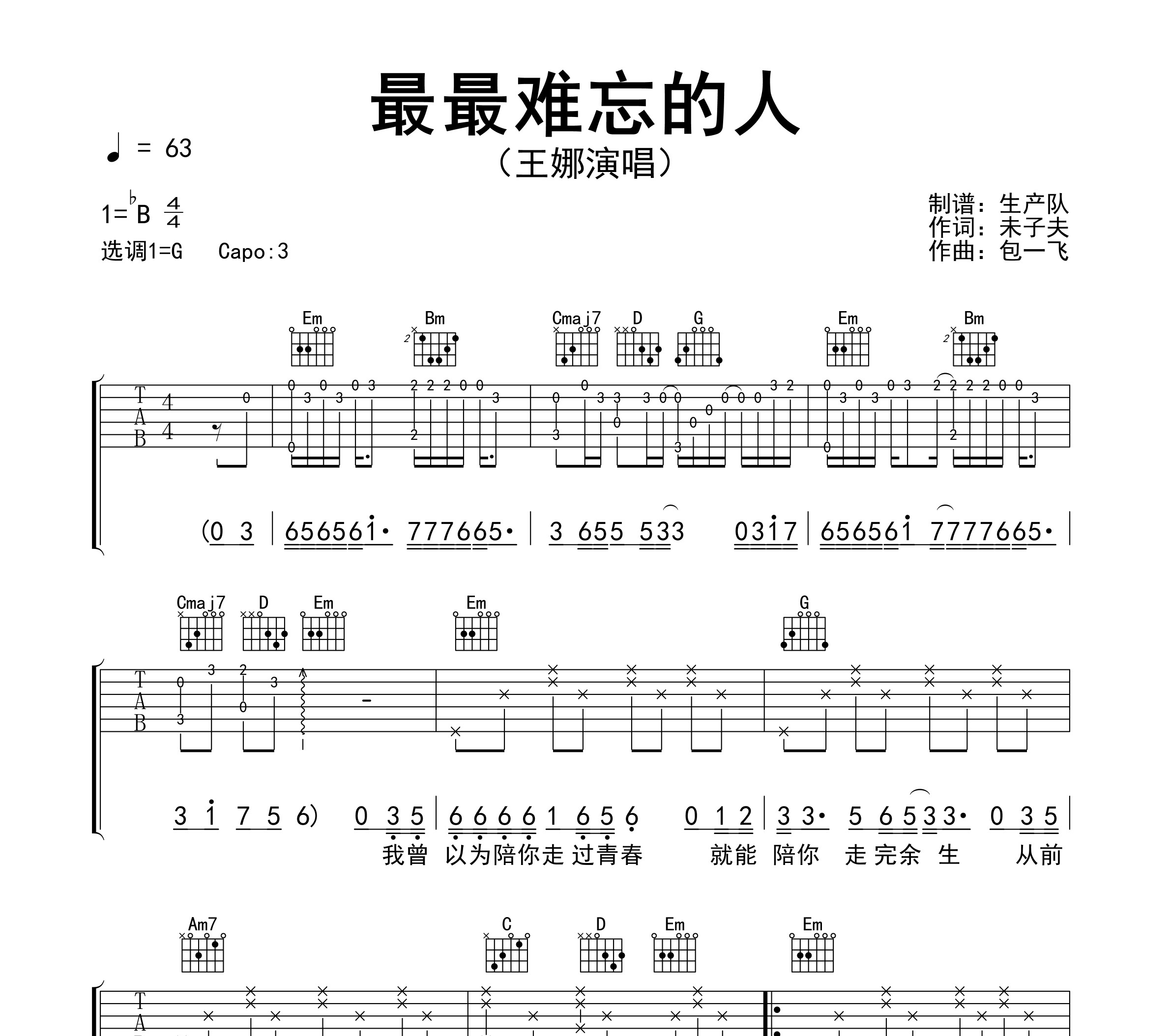 最最难忘的人吉他谱
