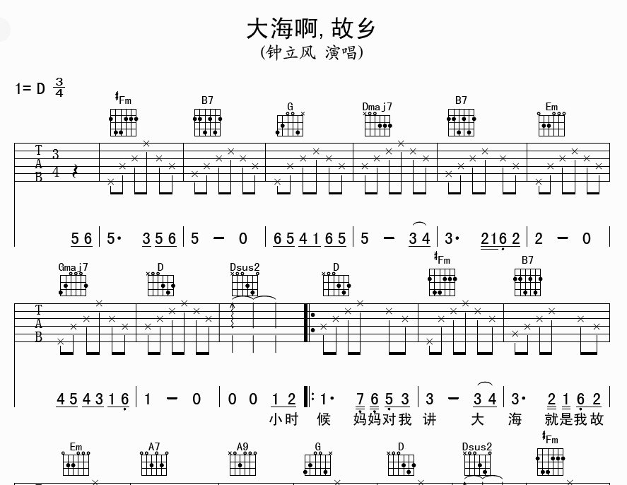 大海啊，故乡吉他谱